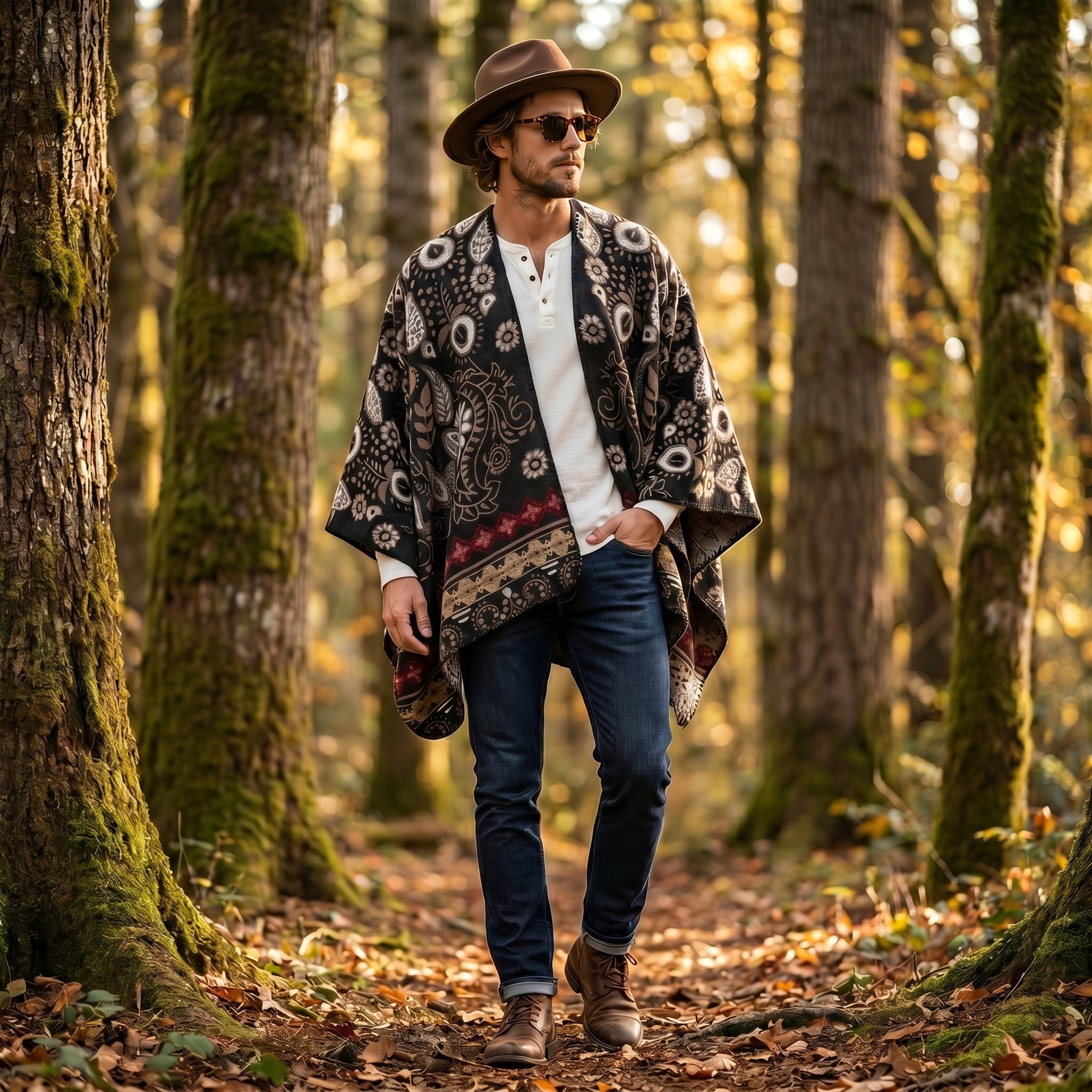 Poncho cape homme motif Paisley crème, porté par un homme marchant dans une forêt.