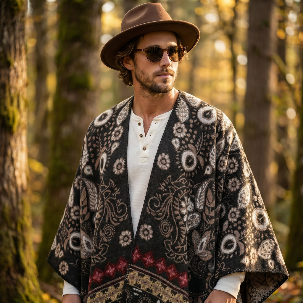 Poncho cape homme motif Paisley crème, porté par un homme en gros plan dans un sous-bois.