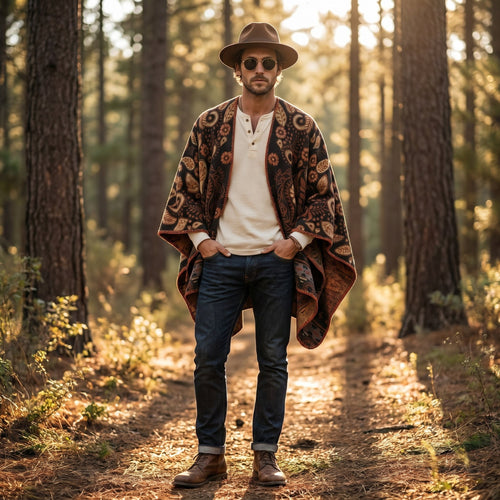 Poncho cape homme motif Paisley cuivre, porté par un homme debout en pleine forêt sous le soleil.