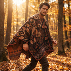 Poncho cape homme motif Paisley cuivre, porté par un homme marchant de profil dans une forêt d'automne.