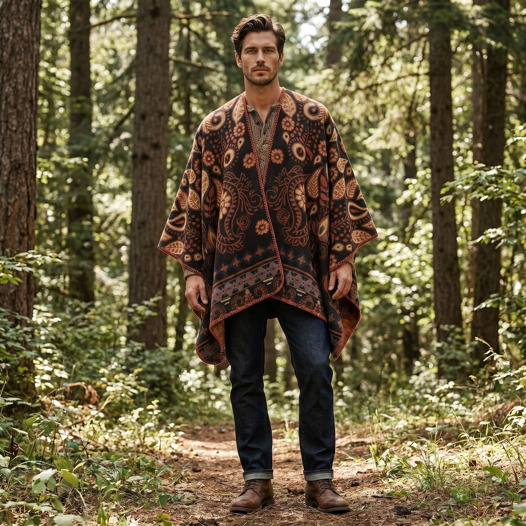 Poncho cape homme motif Paisley cuivre, porté par un homme debout de face dans un sous-bois verdoyant.