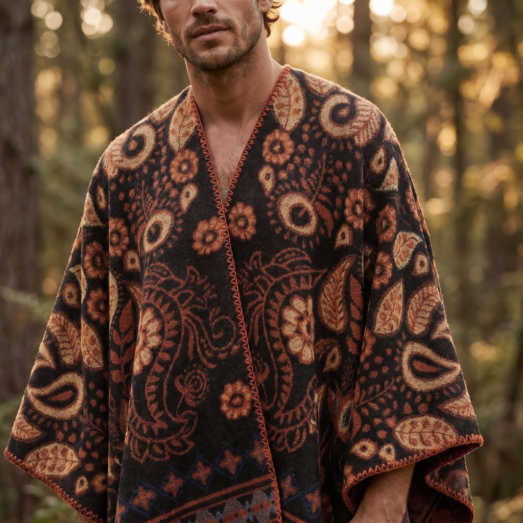 Poncho cape homme motif Paisley cuivre, gros plan sur le buste pour détailler les motifs et textures.