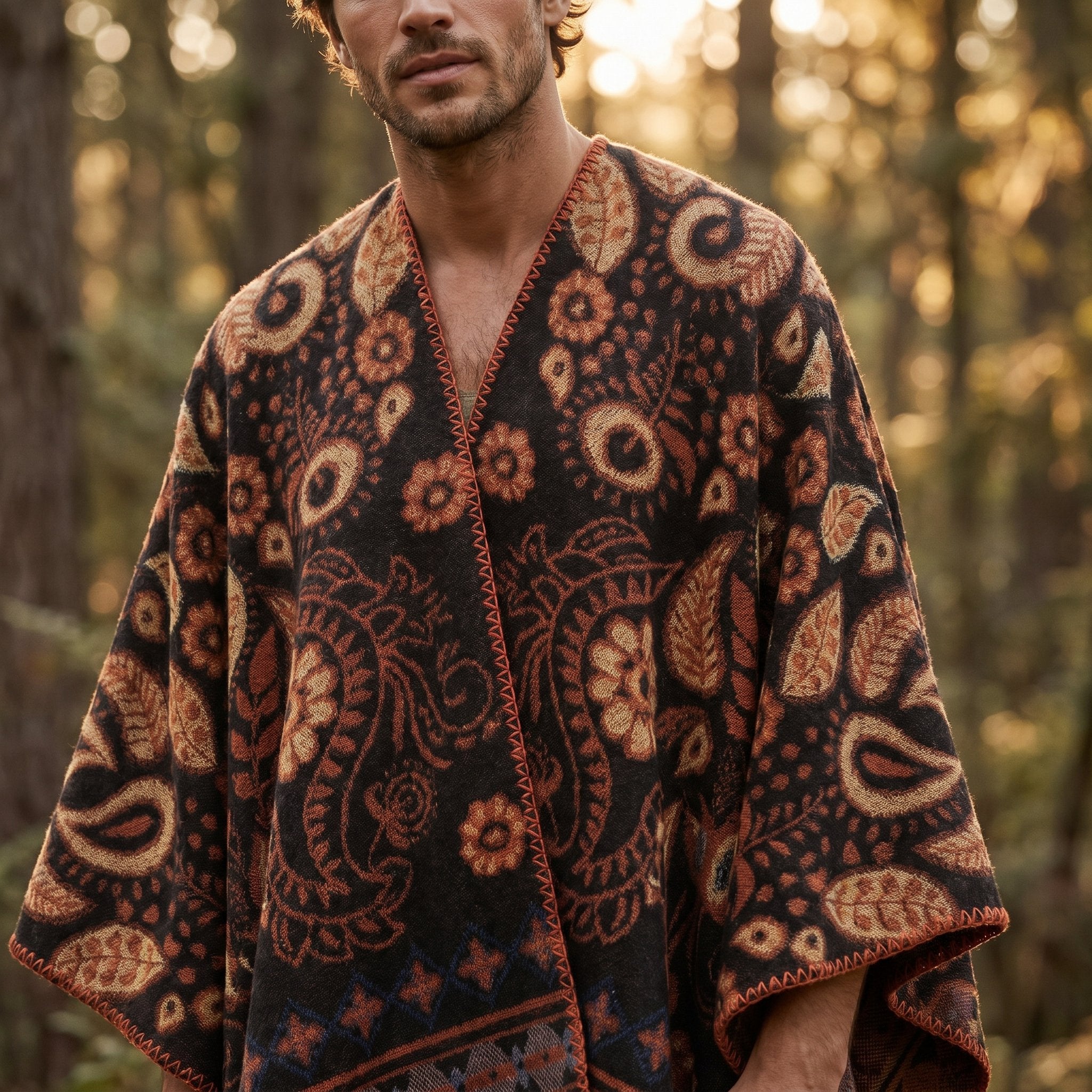 Poncho cape homme motif Paisley cuivre, gros plan sur le buste pour détailler les motifs et textures.