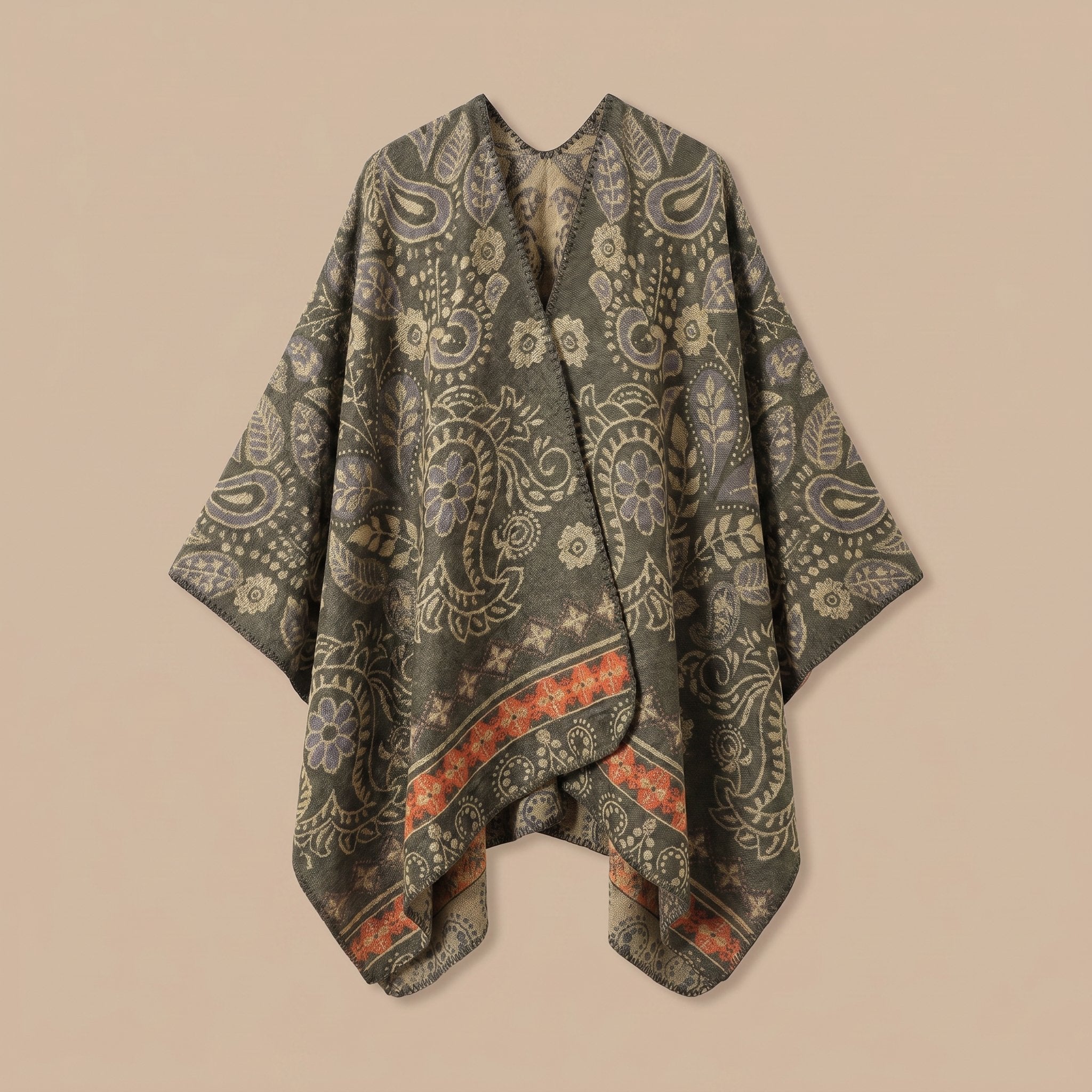 Poncho cape homme paisley kaki, présenté à plat et déplié, montrant l'intégralité de son motif et ses bordures orange