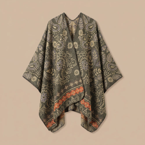 Poncho cape homme paisley kaki, présenté à plat et déplié, montrant l'intégralité de son motif et ses bordures orange