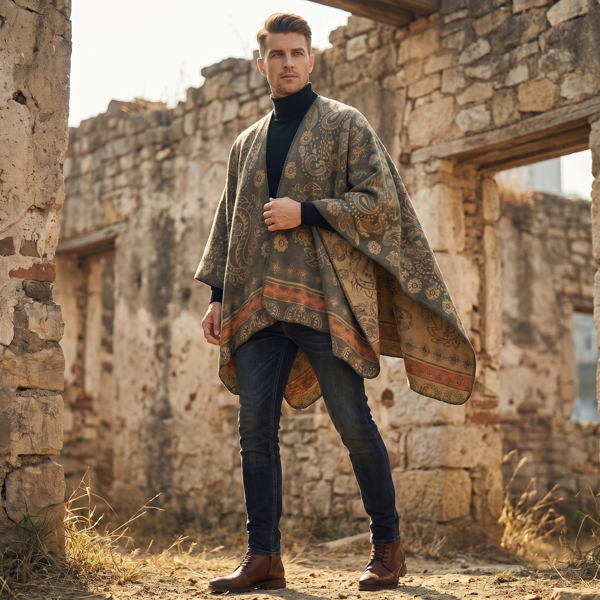 Poncho cape homme paisley kaki porté par un homme debout, une main sur le vêtement