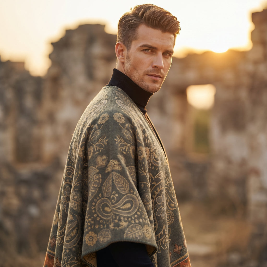 Poncho cape homme paisley kaki porté, gros plan sur le haut du vêtement et le modèle