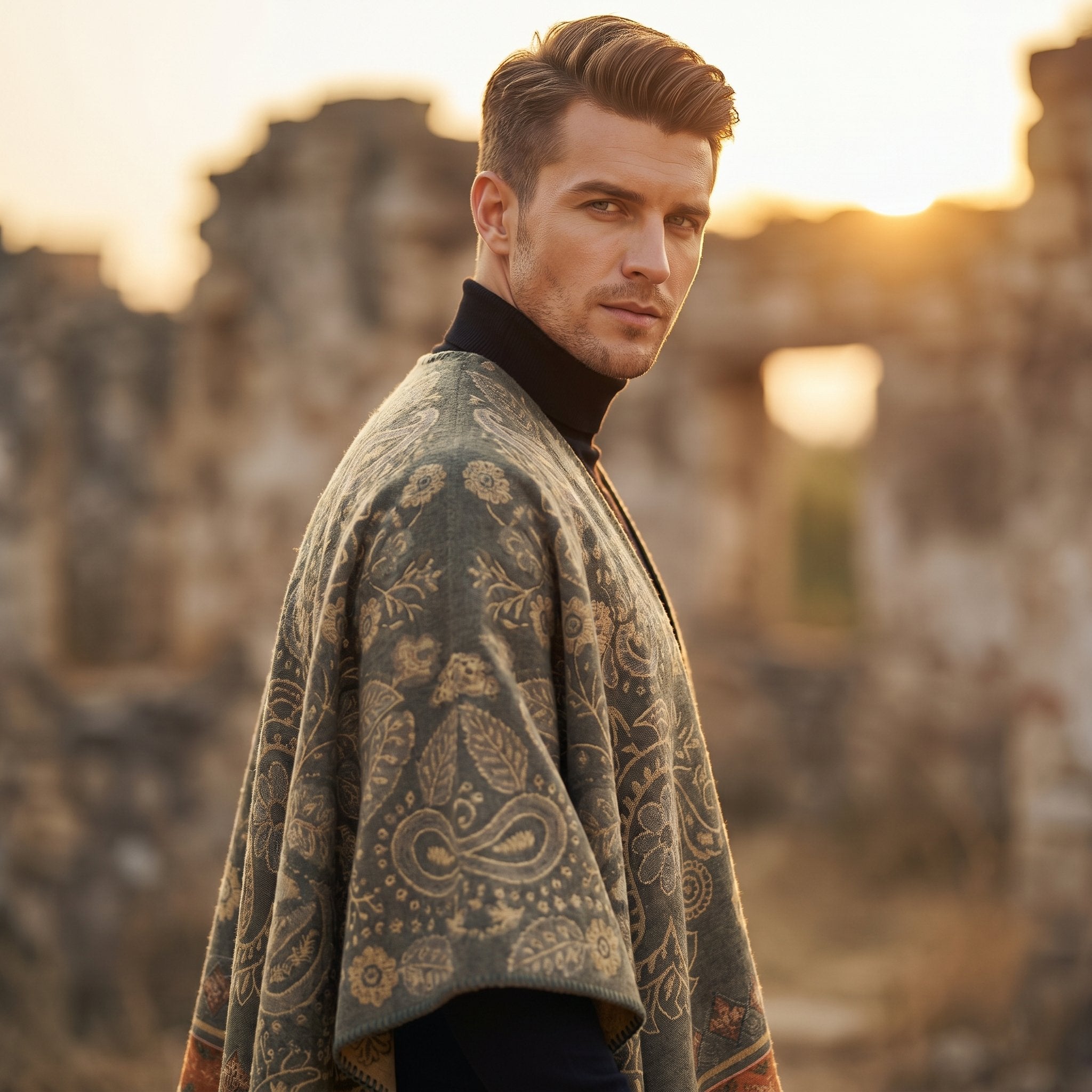Poncho cape homme paisley kaki porté, gros plan sur le haut du vêtement et le modèle