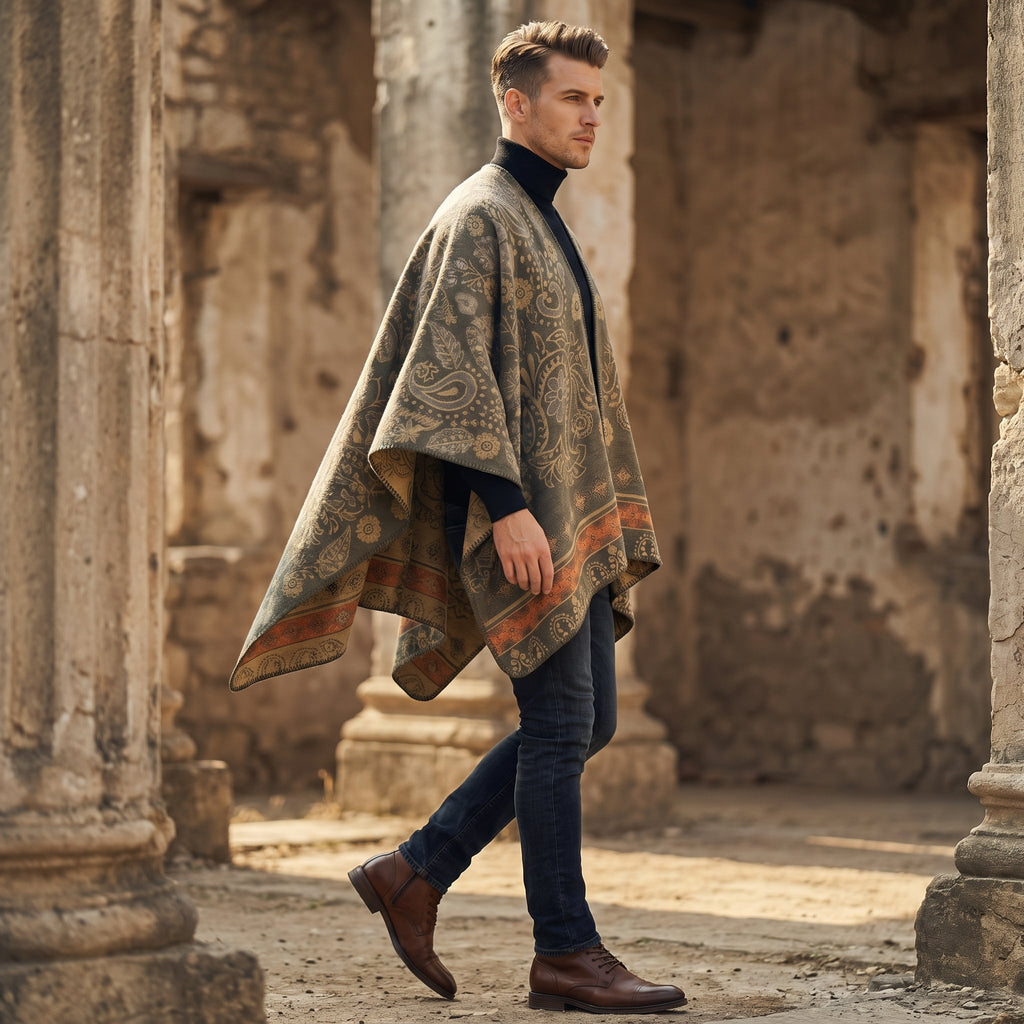 Poncho cape homme paisley kaki porté par un homme de profil, marchant en extérieur parmi des ruines