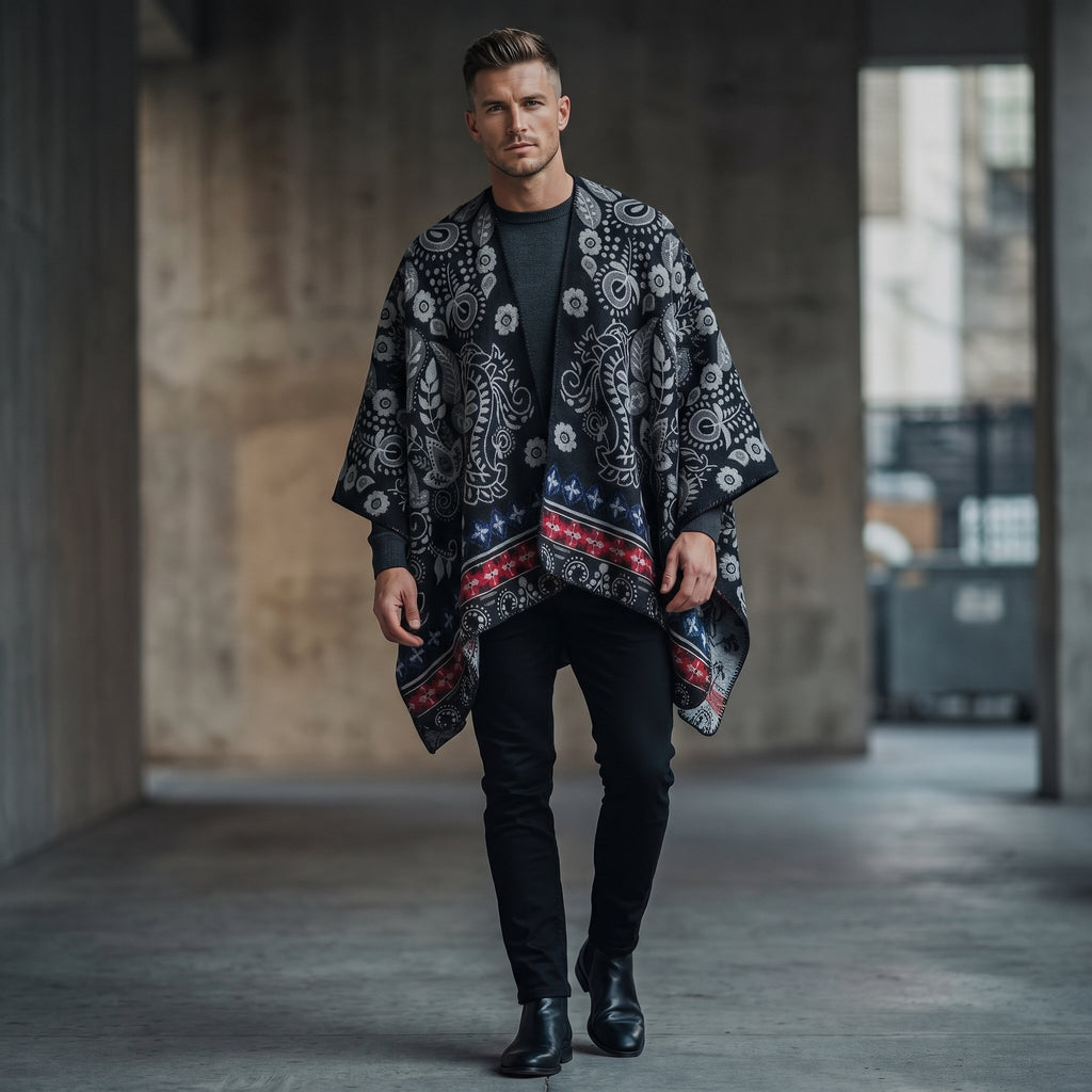Poncho cape homme paisley noir porté de face par un homme marchant