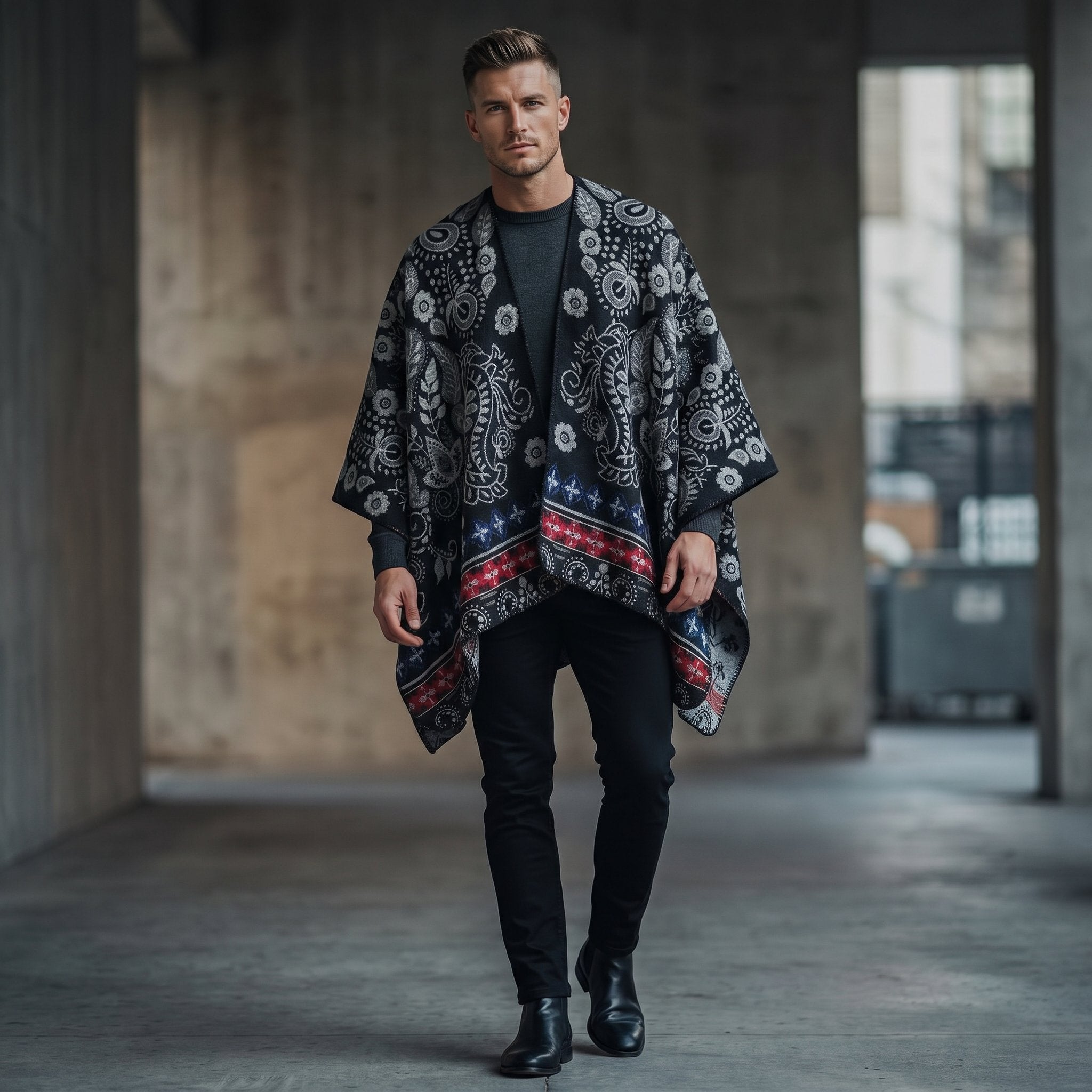 Poncho cape homme paisley noir porté de face par un homme marchant