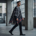 Poncho cape homme paisley noir porté de profil par un homme en mouvement, mettant en évidence le drapé du tissu et les motifs