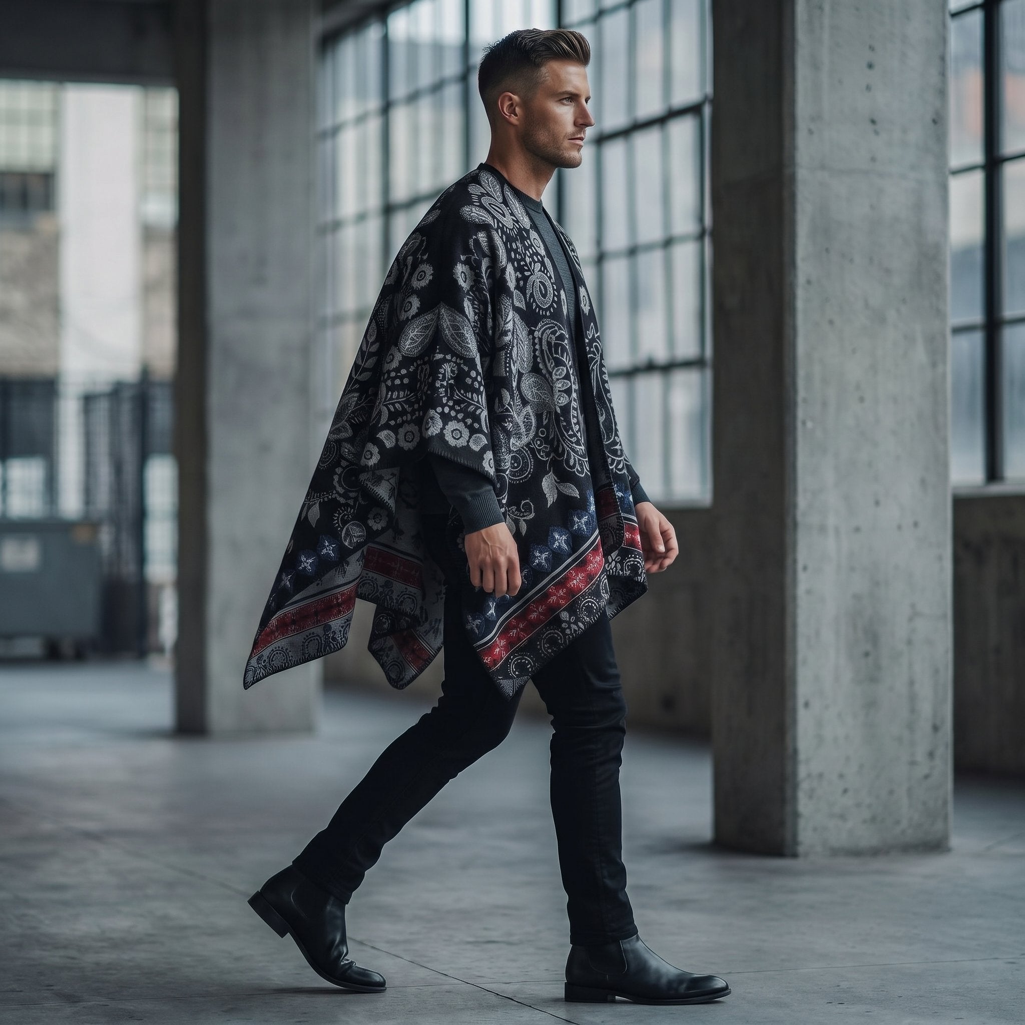 Poncho cape homme paisley noir porté de profil par un homme en mouvement, mettant en évidence le drapé du tissu et les motifs