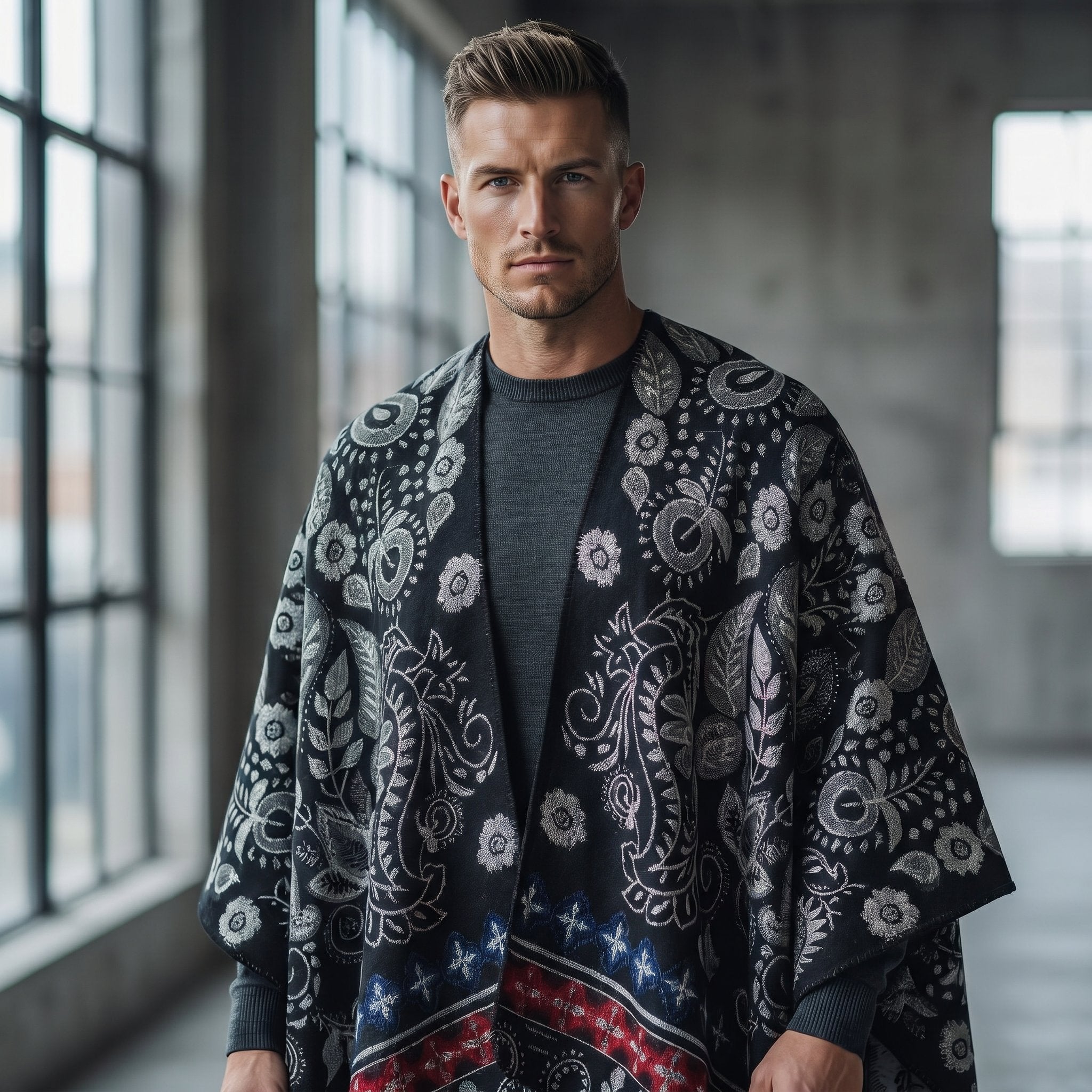 Poncho cape homme paisley noir porté de face par un homme, montrant le motif floral et le liseré rouge et bleu