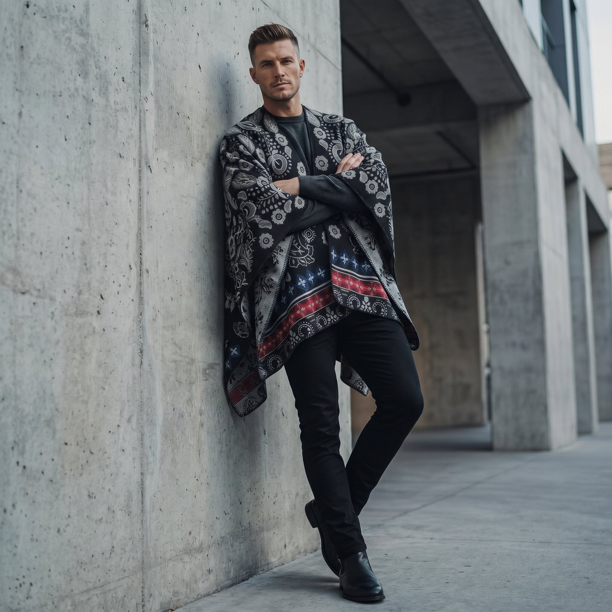 Poncho cape homme paisley noir porté par un homme adossé à un mur en béton