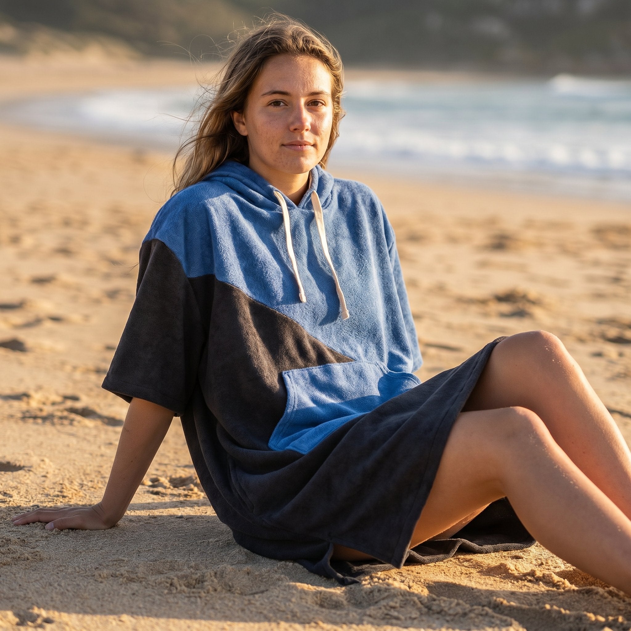 Poncho serviette à capuche bicolore bleu et noir, porté par une femme assise sur le sable.