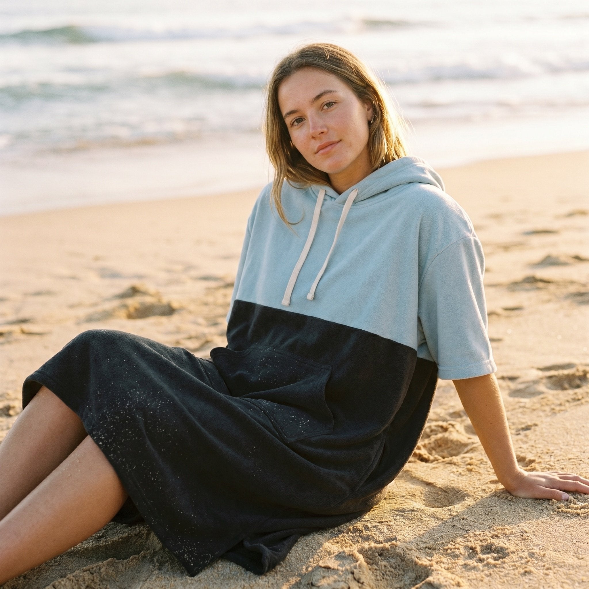 Poncho serviette à capuche bicolore ciel et gris, porté par une femme assise sur le sable face à la mer.