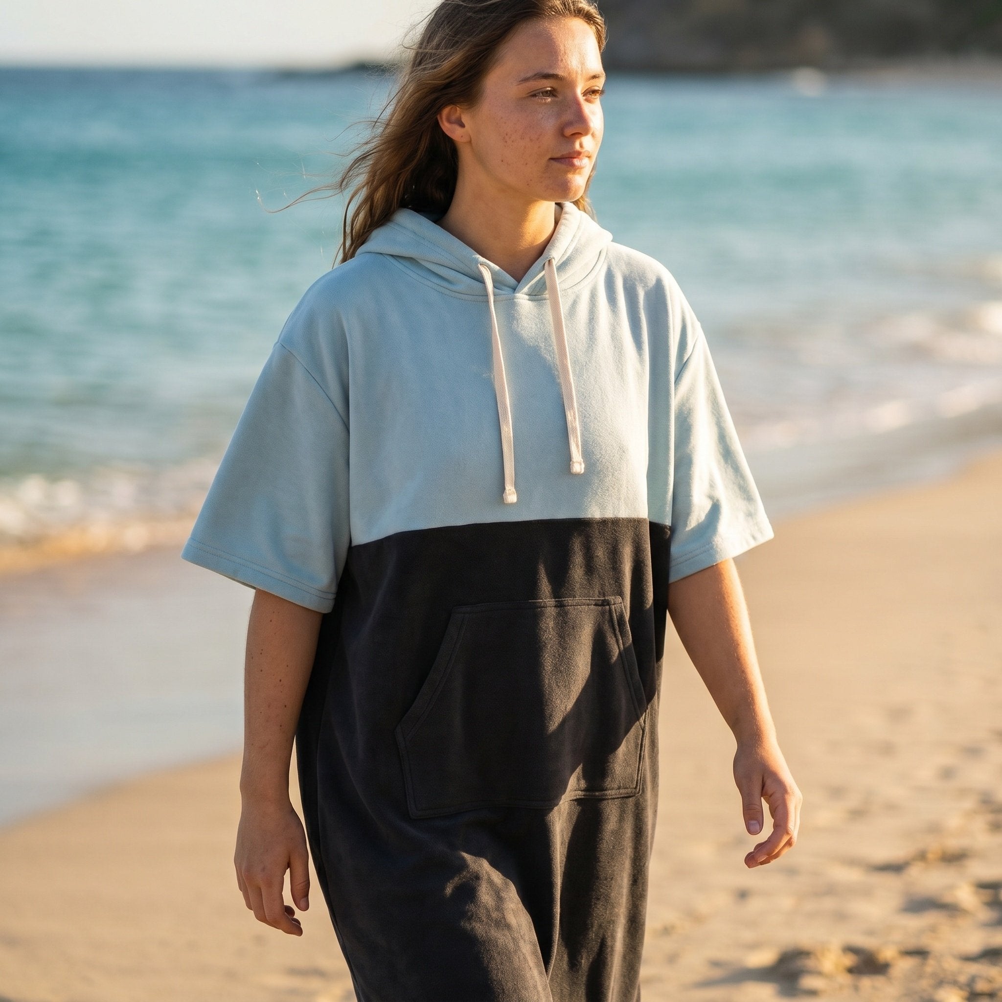 Poncho serviette à capuche bicolore ciel et gris, porté par une femme marchant sur la plage en bord de mer.