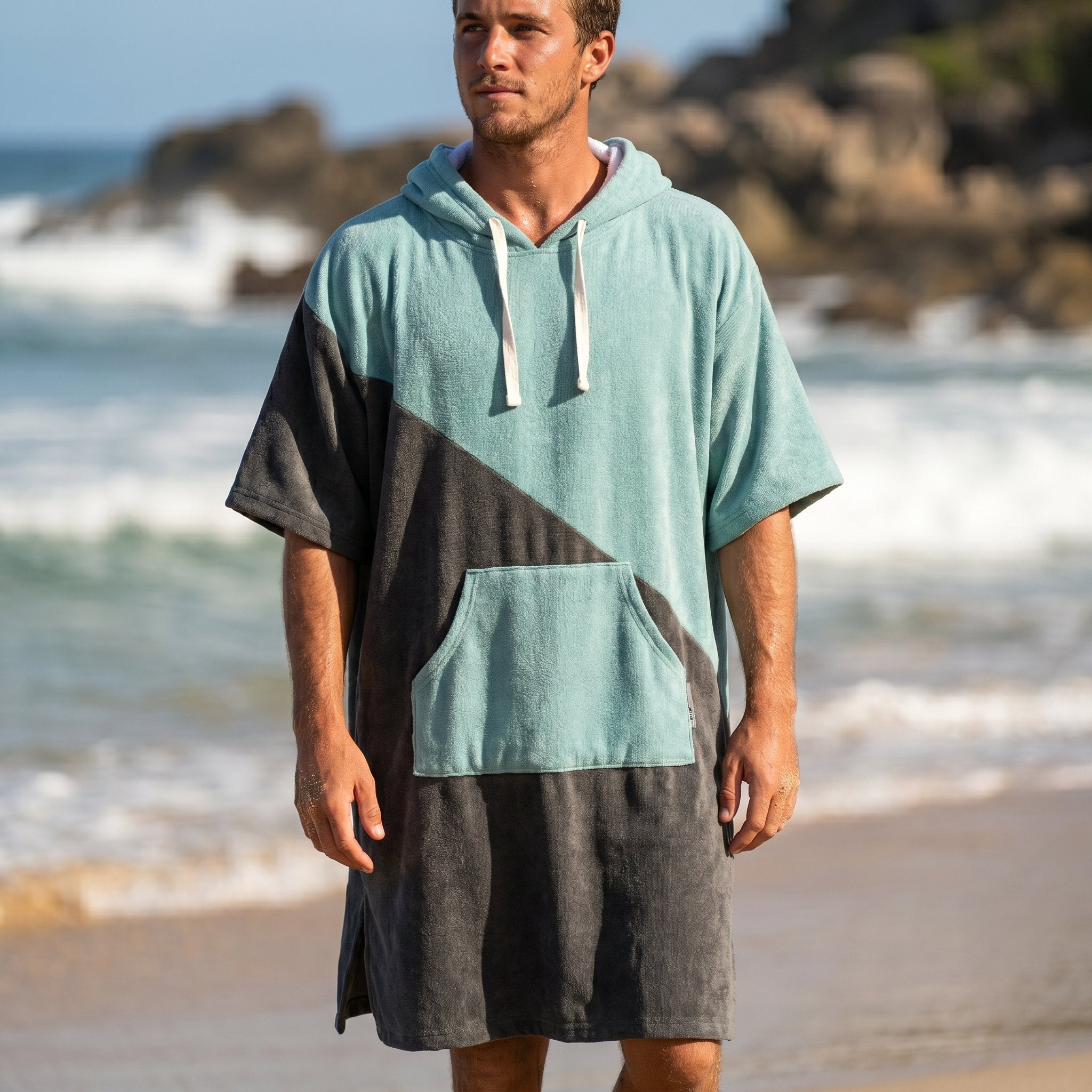 Poncho serviette à capuche bicolore turquoise et gris porté par un homme debout de face sur une plage rocheuse.