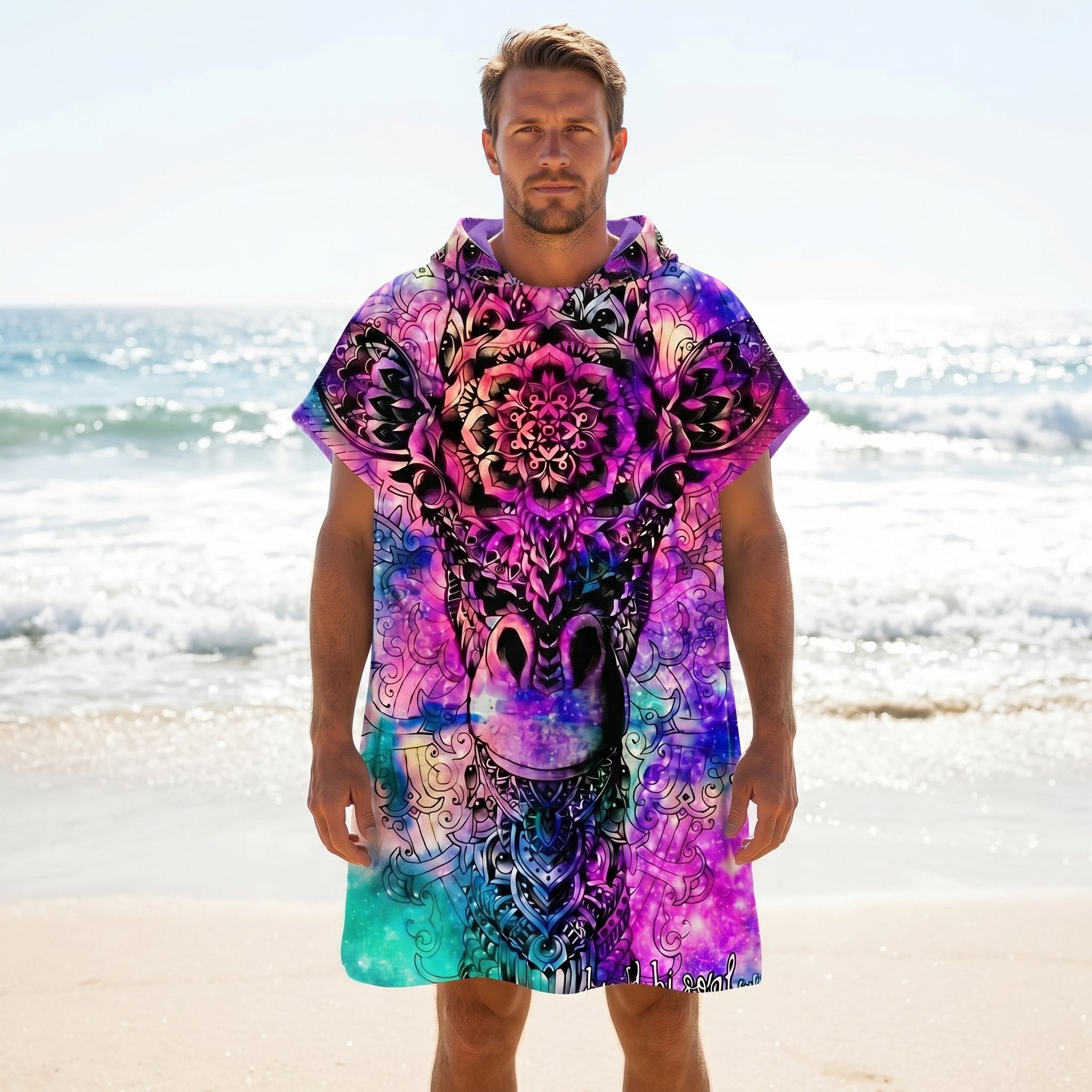Poncho serviette a capuche motif girafe mandala, porté par un homme debout sur le sable face à l'océan.