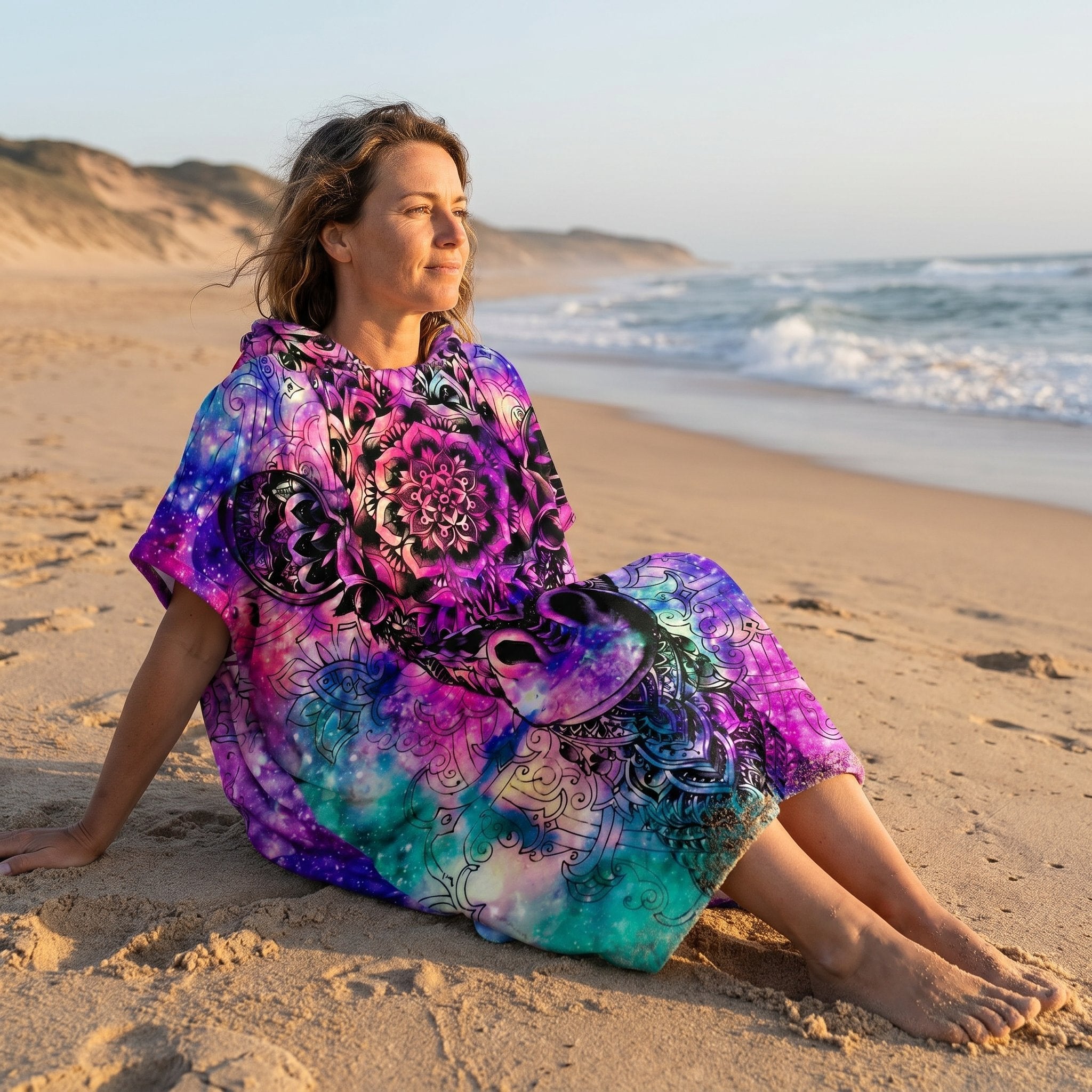 Poncho serviette a capuche motif girafe mandala, porté par une femme assise de profil sur le sable de la plage.