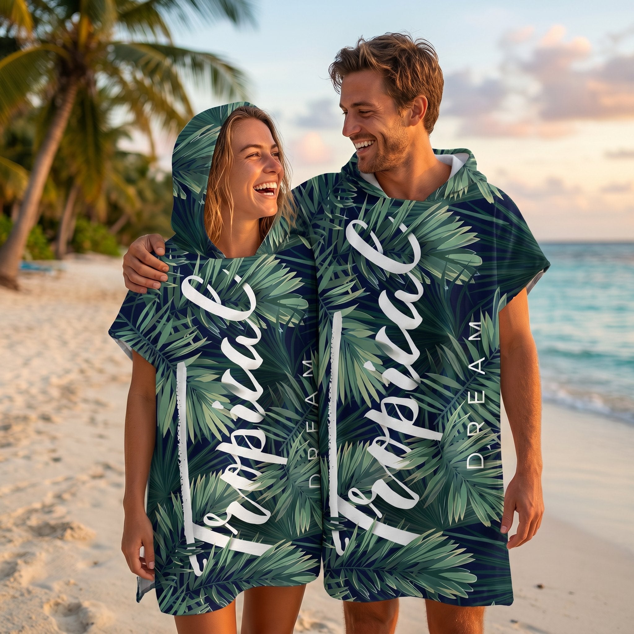 Poncho serviette à capuche motif feuillage tropical, porté par un couple souriant sur une plage.