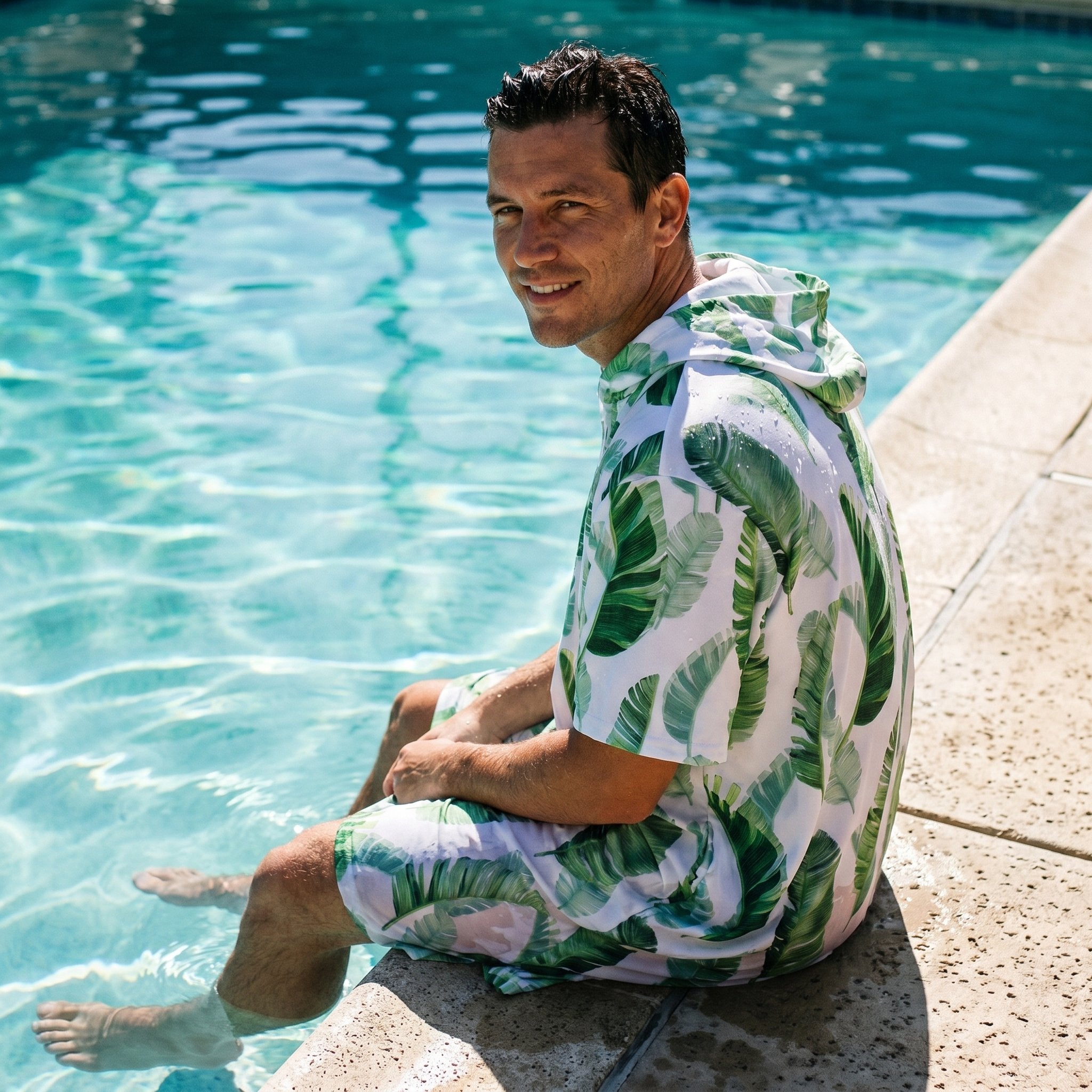 Poncho serviette a capuche motif feuilles de bananier porté par un homme assis au bord d'une piscine, les pieds dans l'eau.