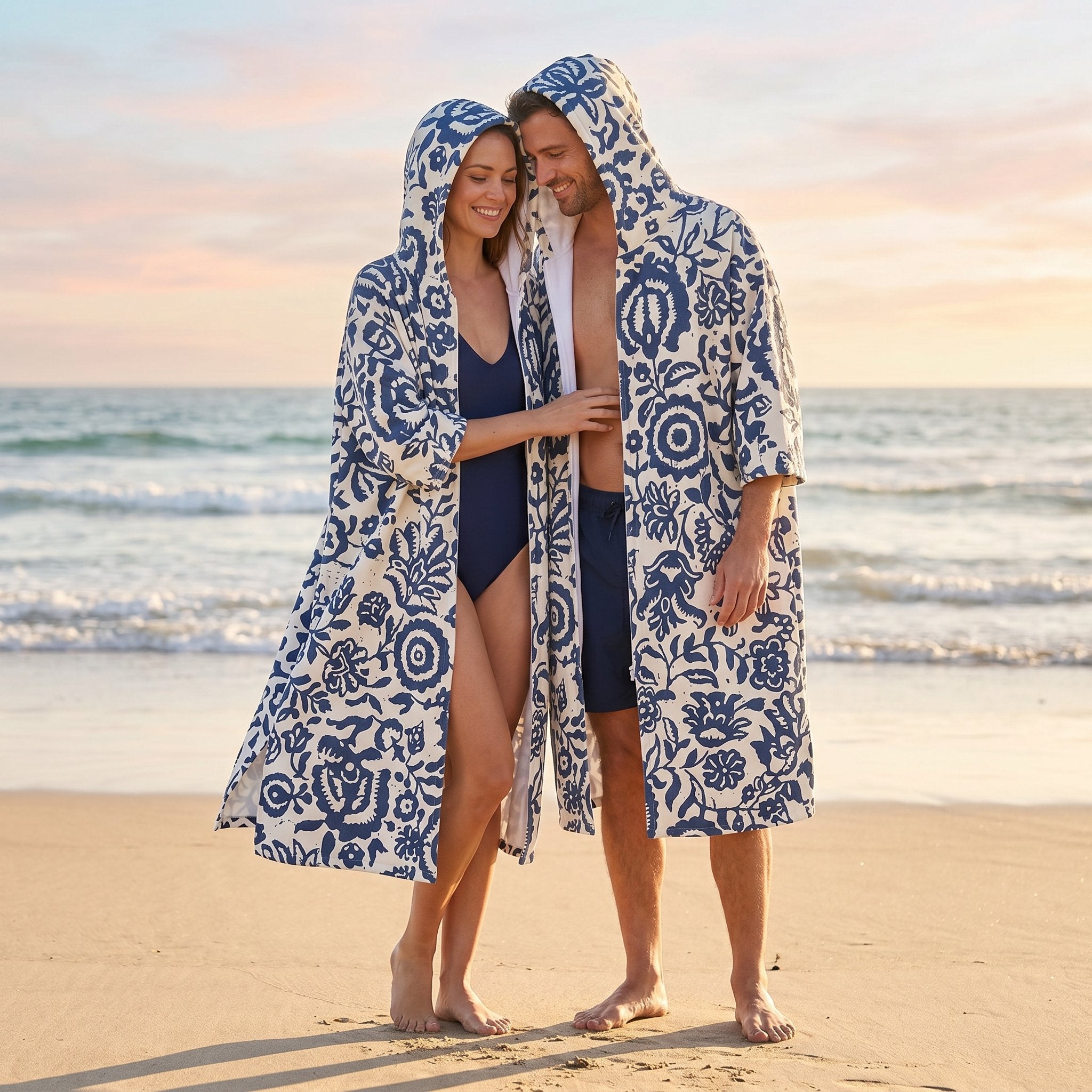 Poncho serviette à capuche motif fleurs bleues, porté par un couple debout sur une plage de sable.