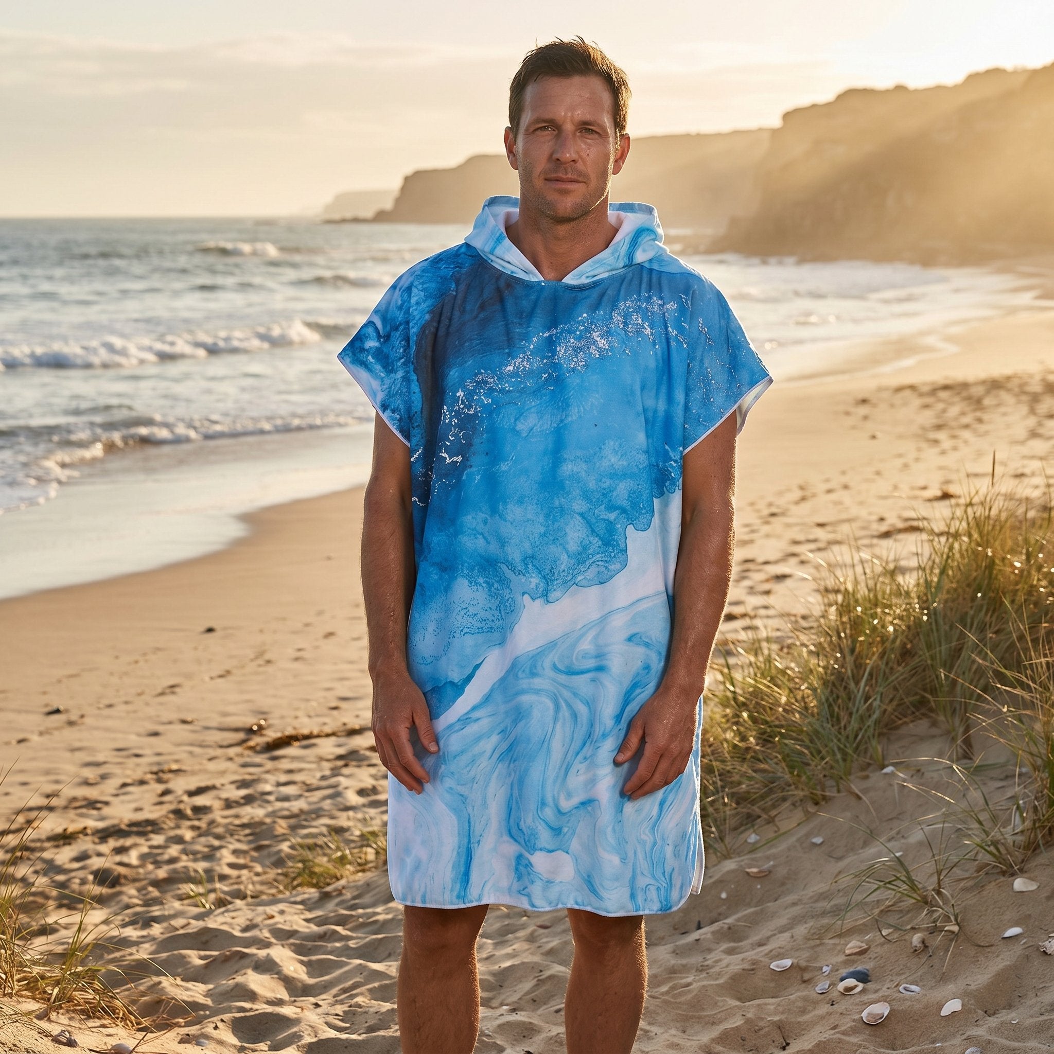 Poncho serviette a capuche motif Vague bleue, porte par un homme debout sur le sable.