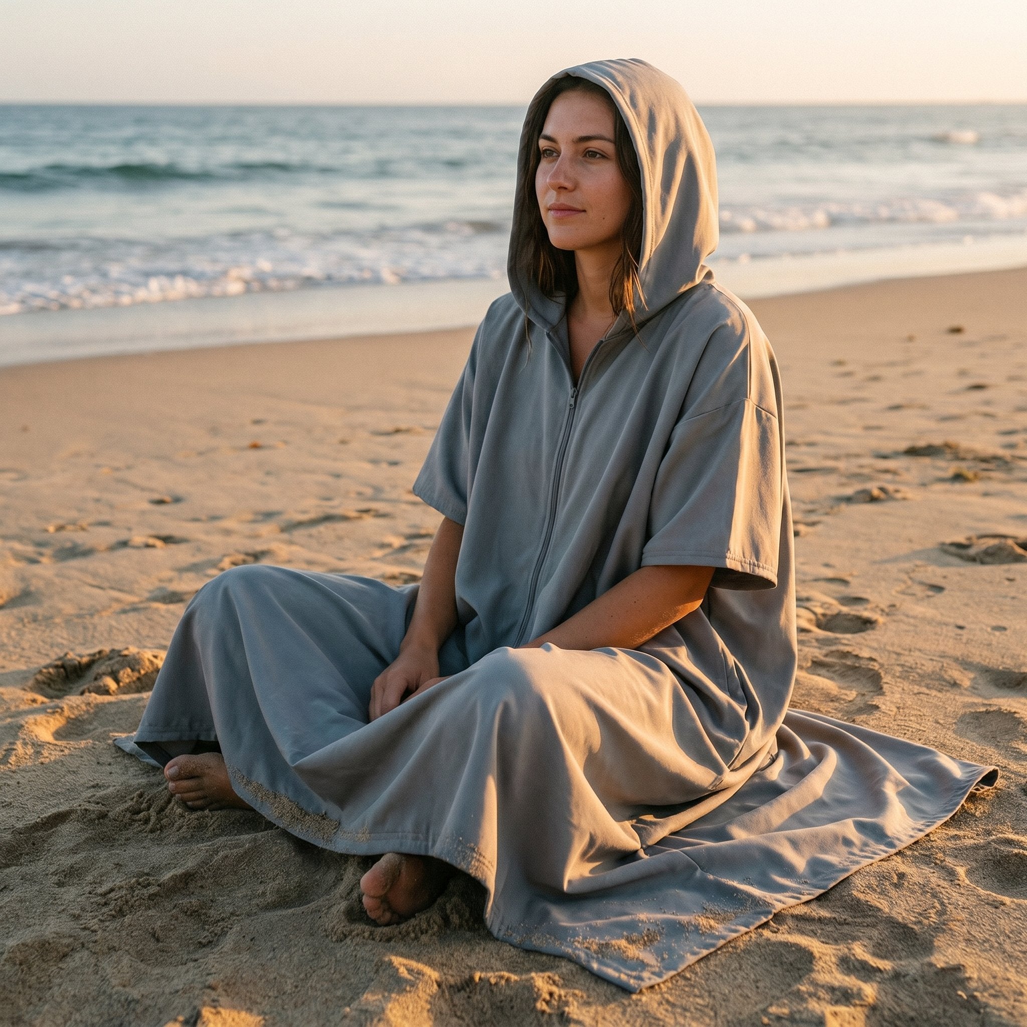 Poncho de bain zippé gris uni porté par une femme assise sur le sable au bord de l'eau au coucher du soleil.