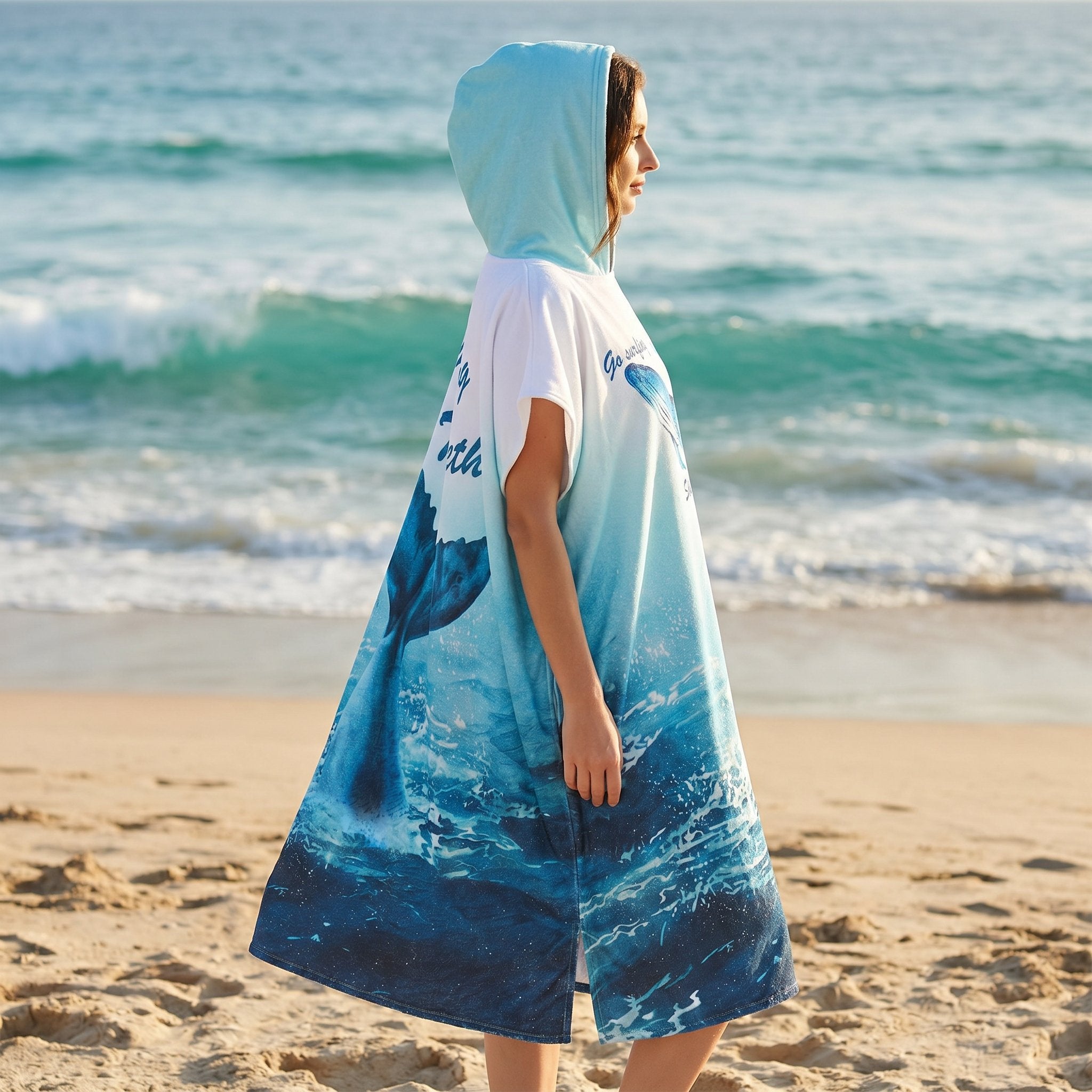 Poncho serviette à capuche motif baleine bleue, porté par une femme de profil marchant sur le sable près de l'océan.