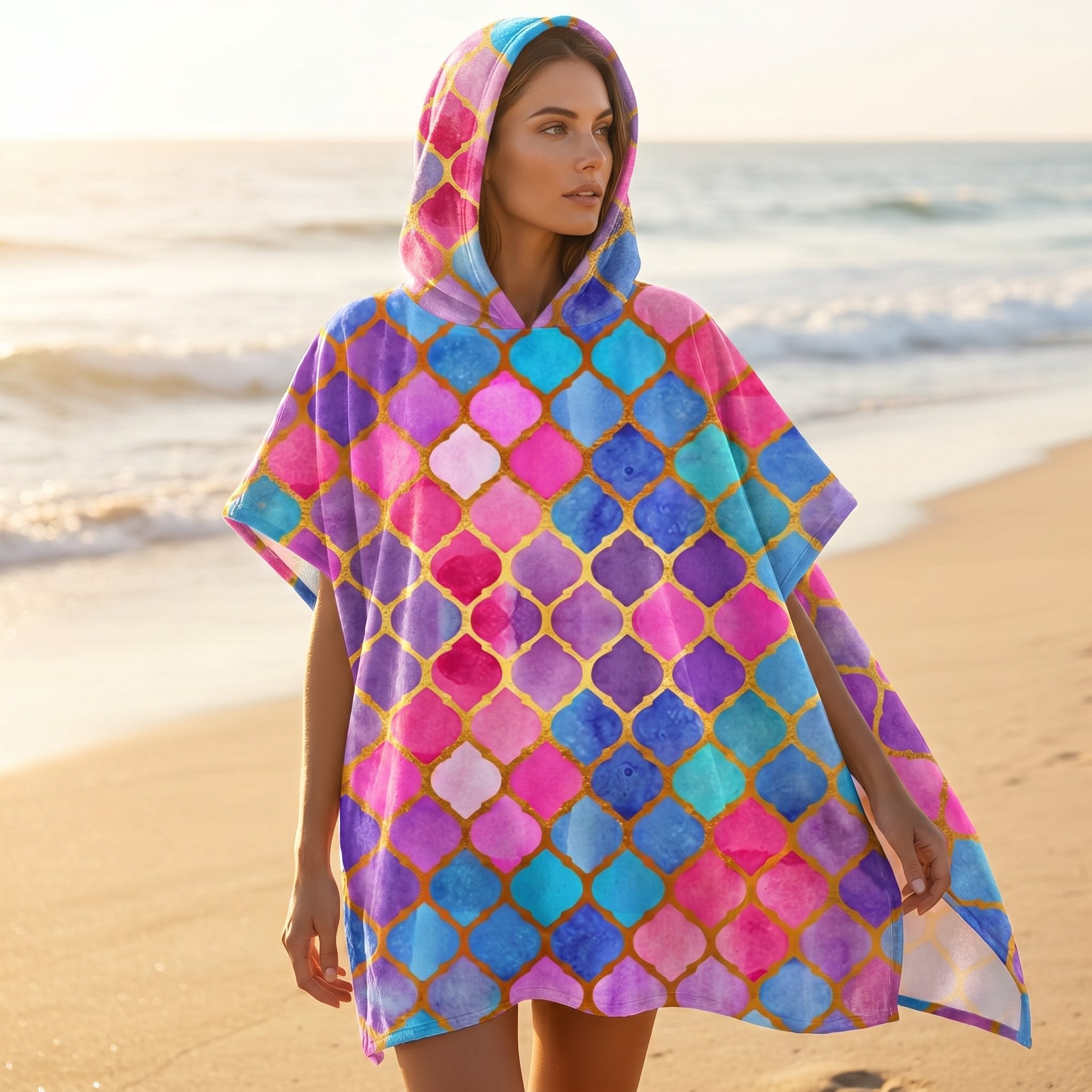 Poncho serviette à capuche motif carreaux marocains, porté par une femme marchant sur le sable, vue de profil.