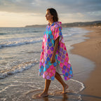 Poncho serviette à capuche motif carreaux marocains, porté par une femme marchant les pieds dans l'eau au coucher du soleil.