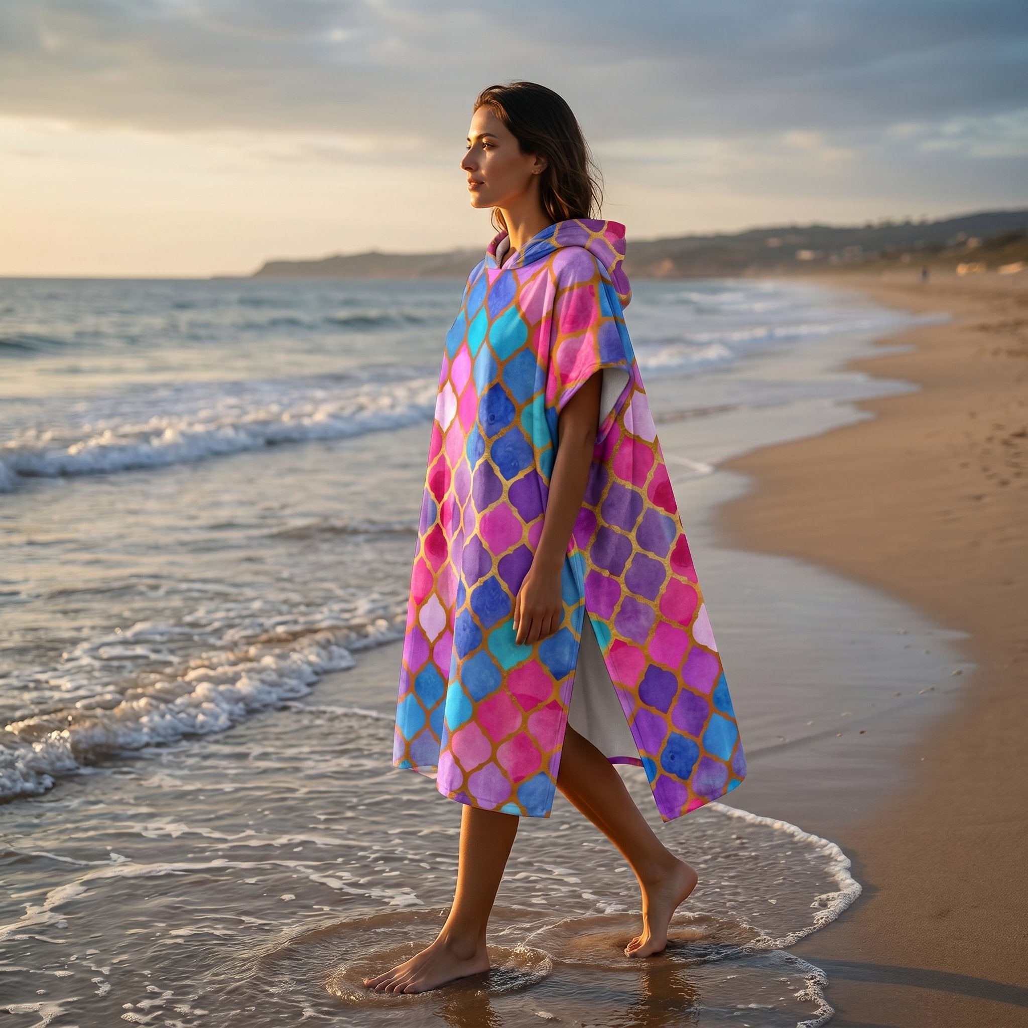 Poncho serviette à capuche motif carreaux marocains, porté par une femme marchant les pieds dans l'eau au coucher du soleil.