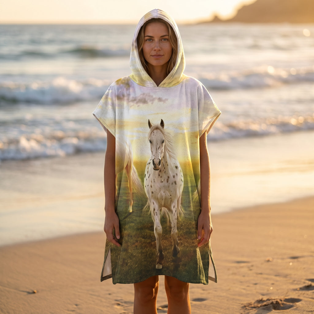 Poncho serviette à capuche motif chevaux au couchant, porté par une femme de face sur la plage.