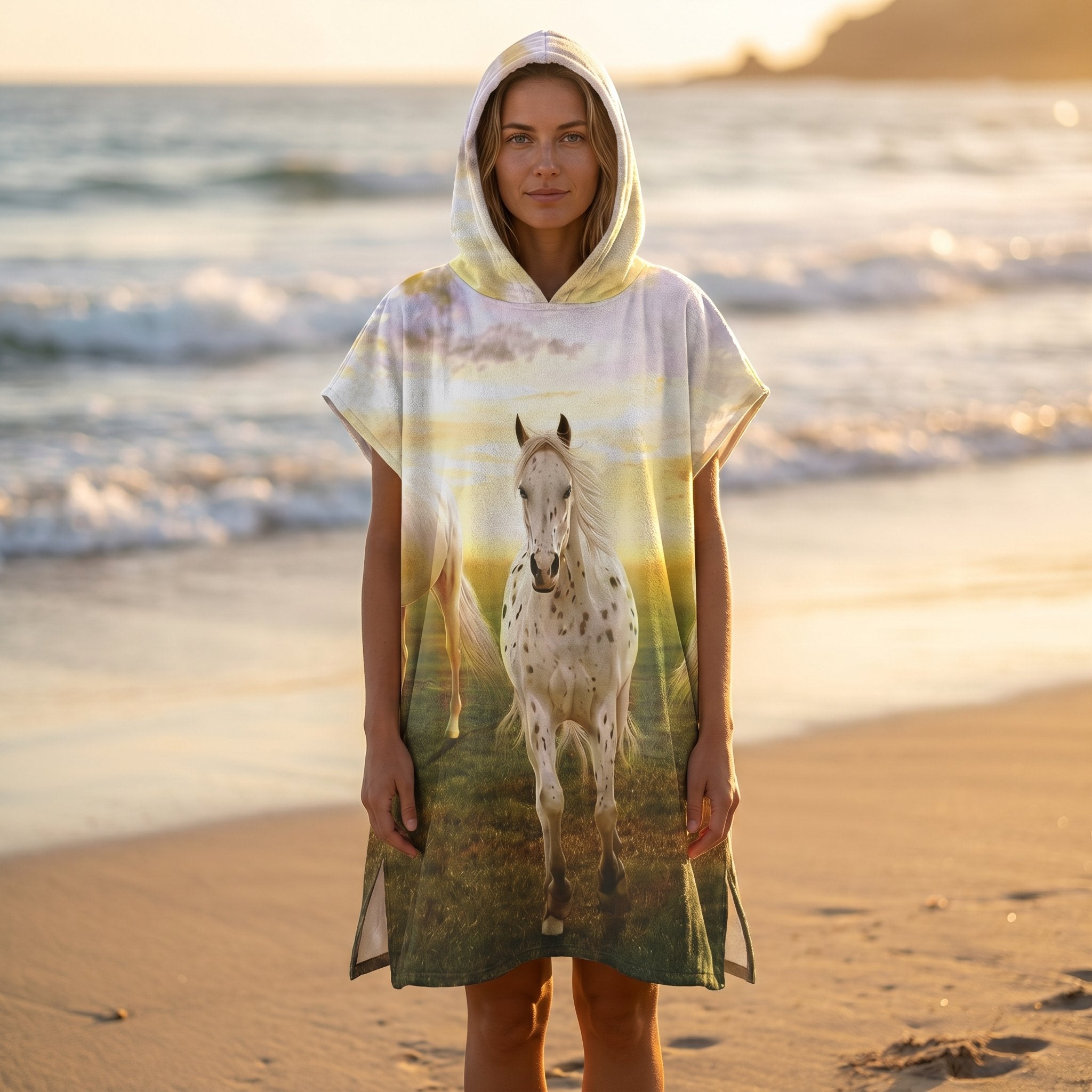 Poncho serviette à capuche motif chevaux au couchant, porté par une femme de face sur la plage.