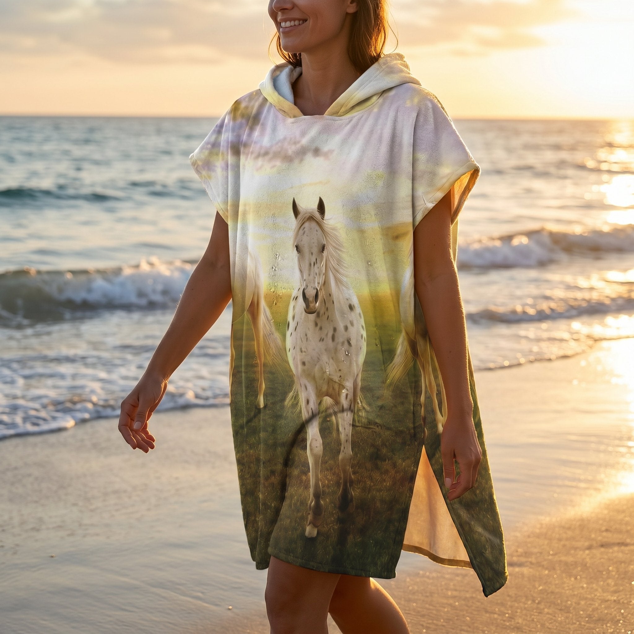 Poncho serviette à capuche motif chevaux au couchant, porté par une femme marchant sur le sable.