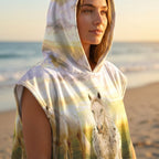Poncho serviette à capuche motif chevaux au couchant, porté par une femme en gros plan sur la plage.
