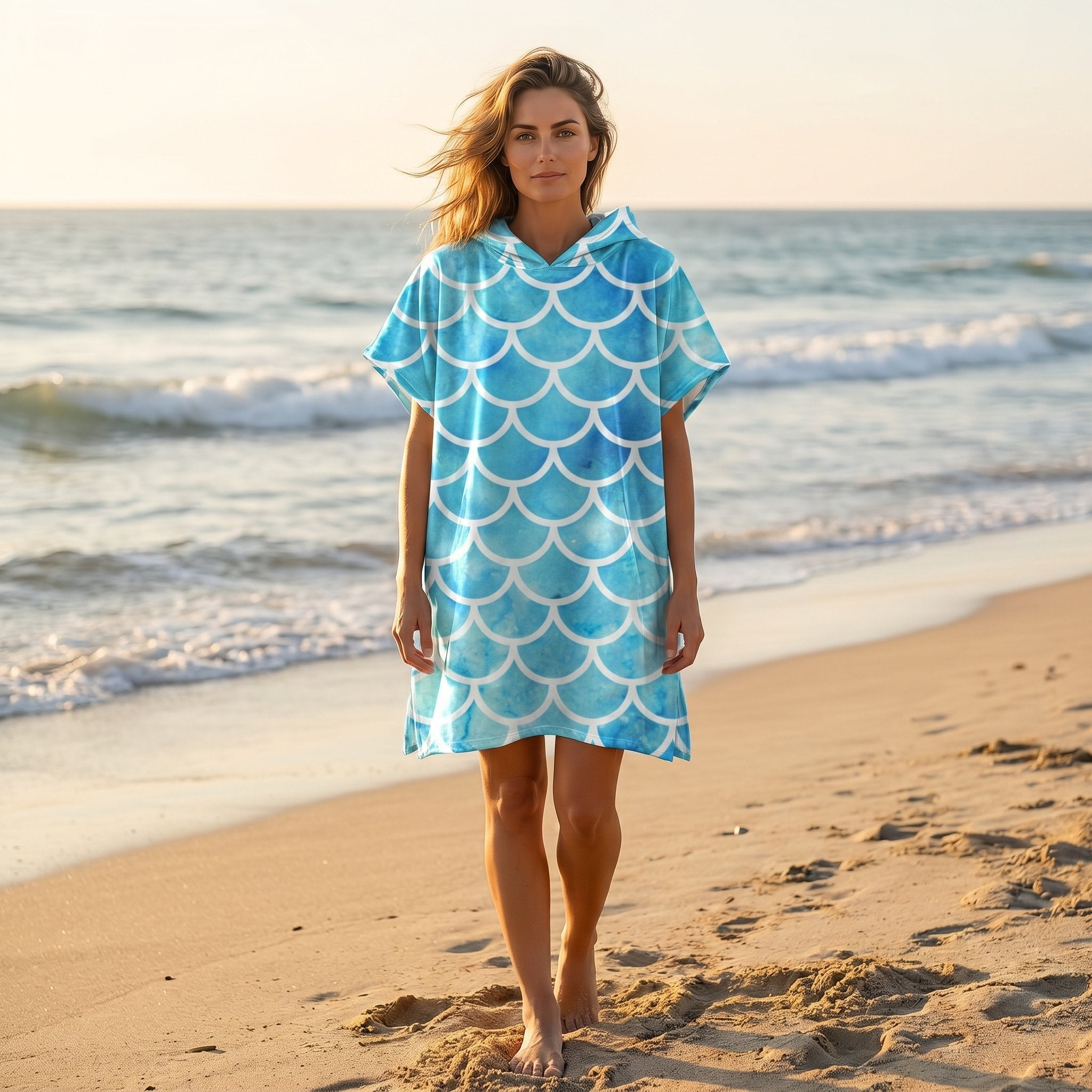 Poncho serviette à capuche motif écailles bleu ciel, porté par une femme debout sur la plage.