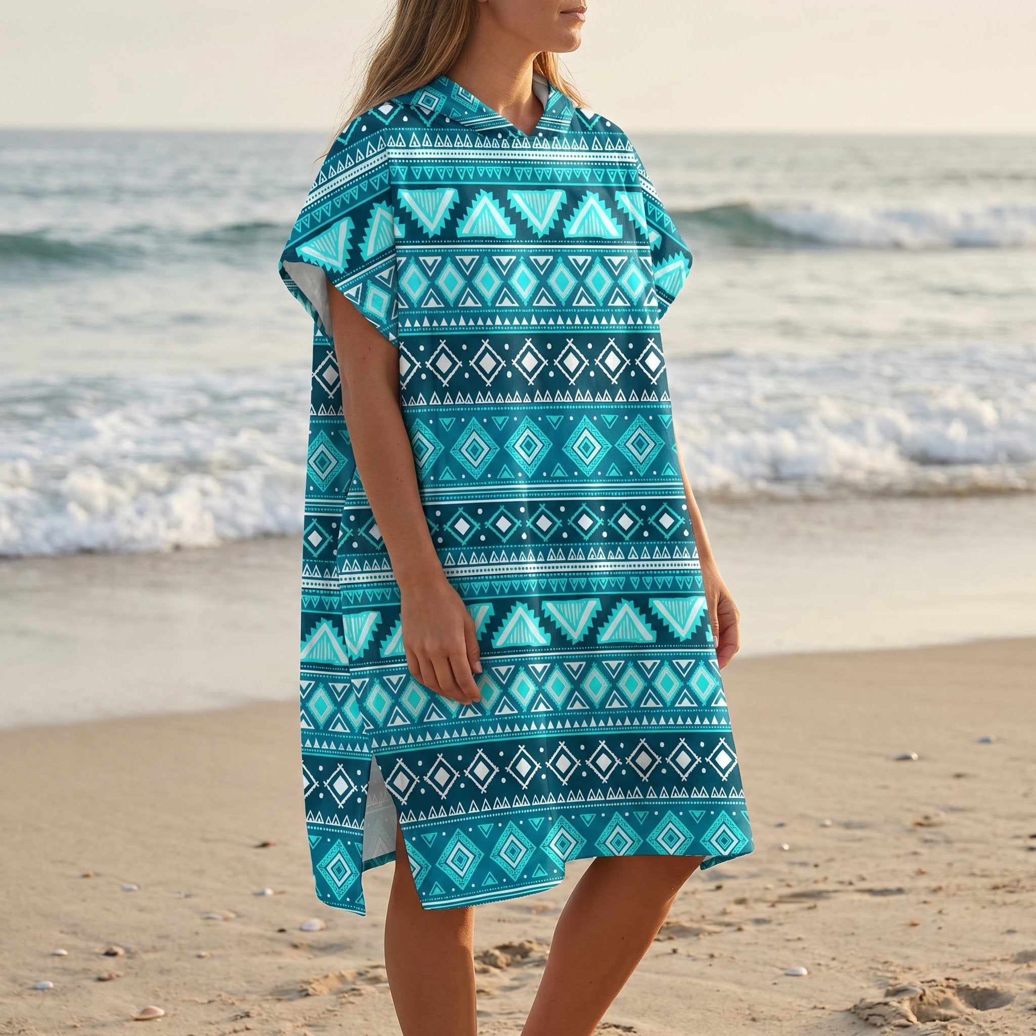 Poncho serviette à capuche motif aztèque bleu porté par une femme de côté regardant vers la mer.