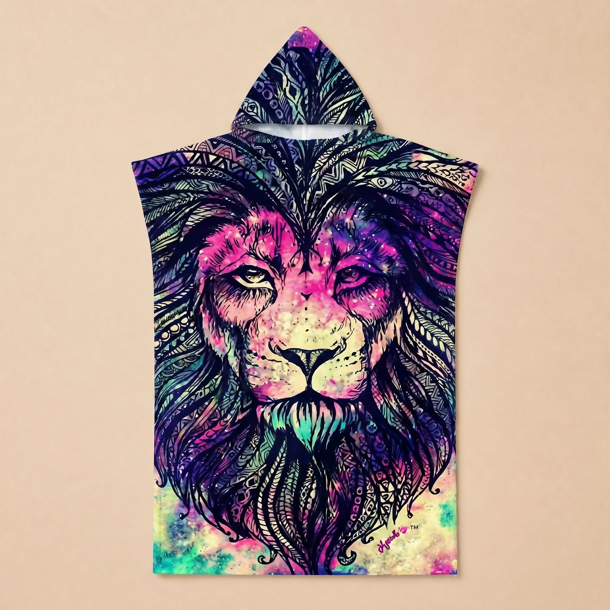 Poncho serviette à capuche motif lion psychédélique, présenté à plat sur un fond uni.
