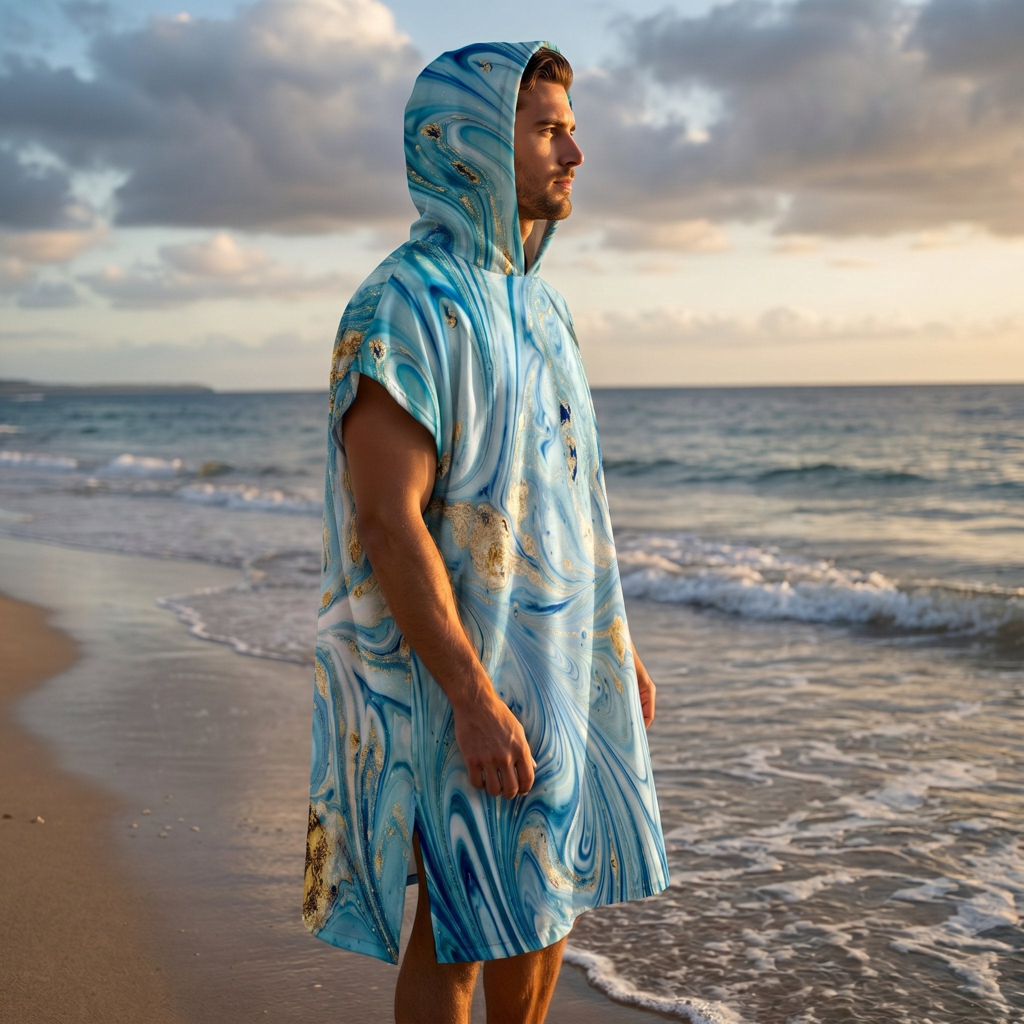 Poncho serviette à capuche motif marbre écume dorée, porté par un homme de profil sur la plage, face à la mer.