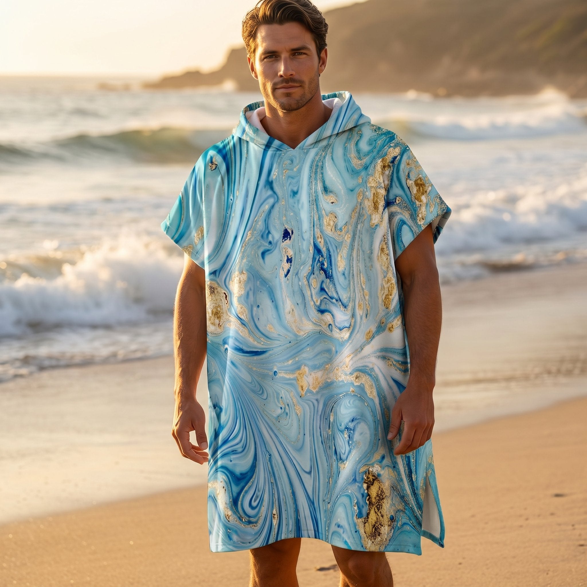 Poncho serviette à capuche motif marbre écume dorée, porté par un homme debout sur la plage, regardant de face.