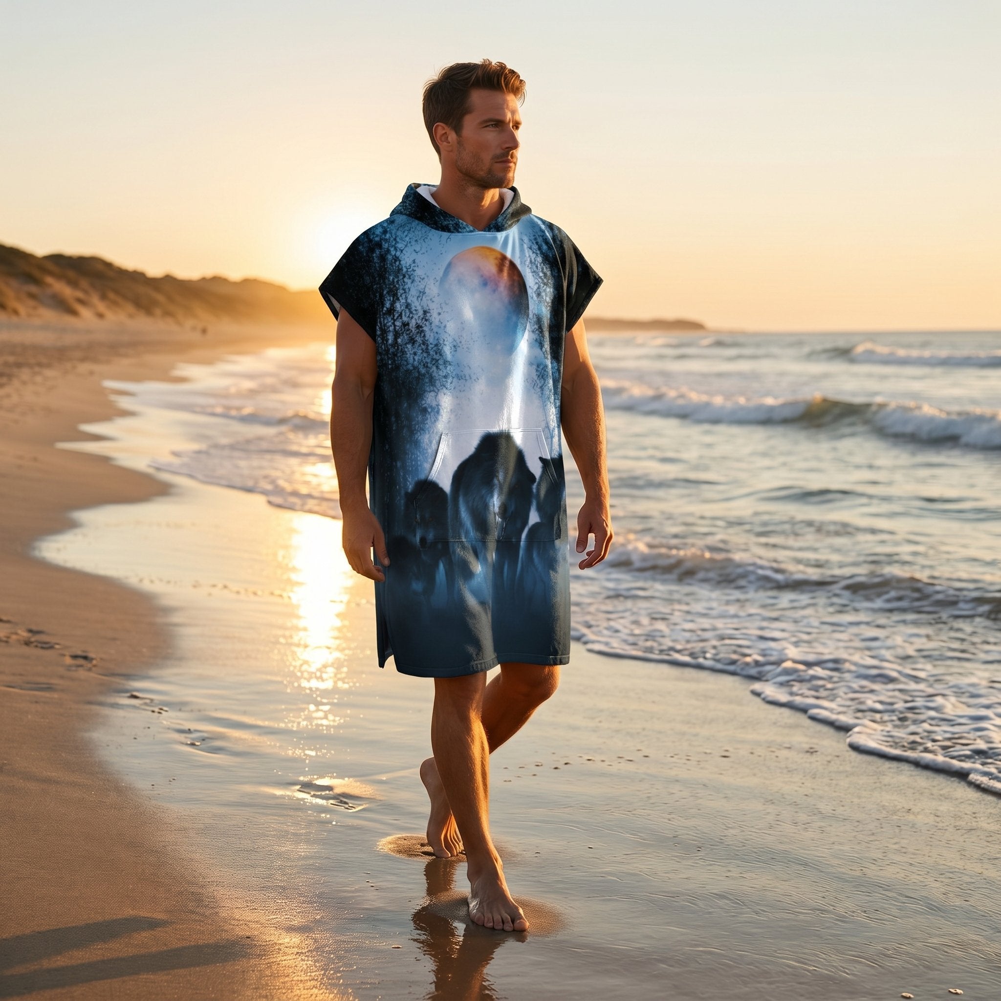 Poncho serviette a capuche motif meute de loups, porté par un homme marchant de dos sur le sable au coucher du soleil.