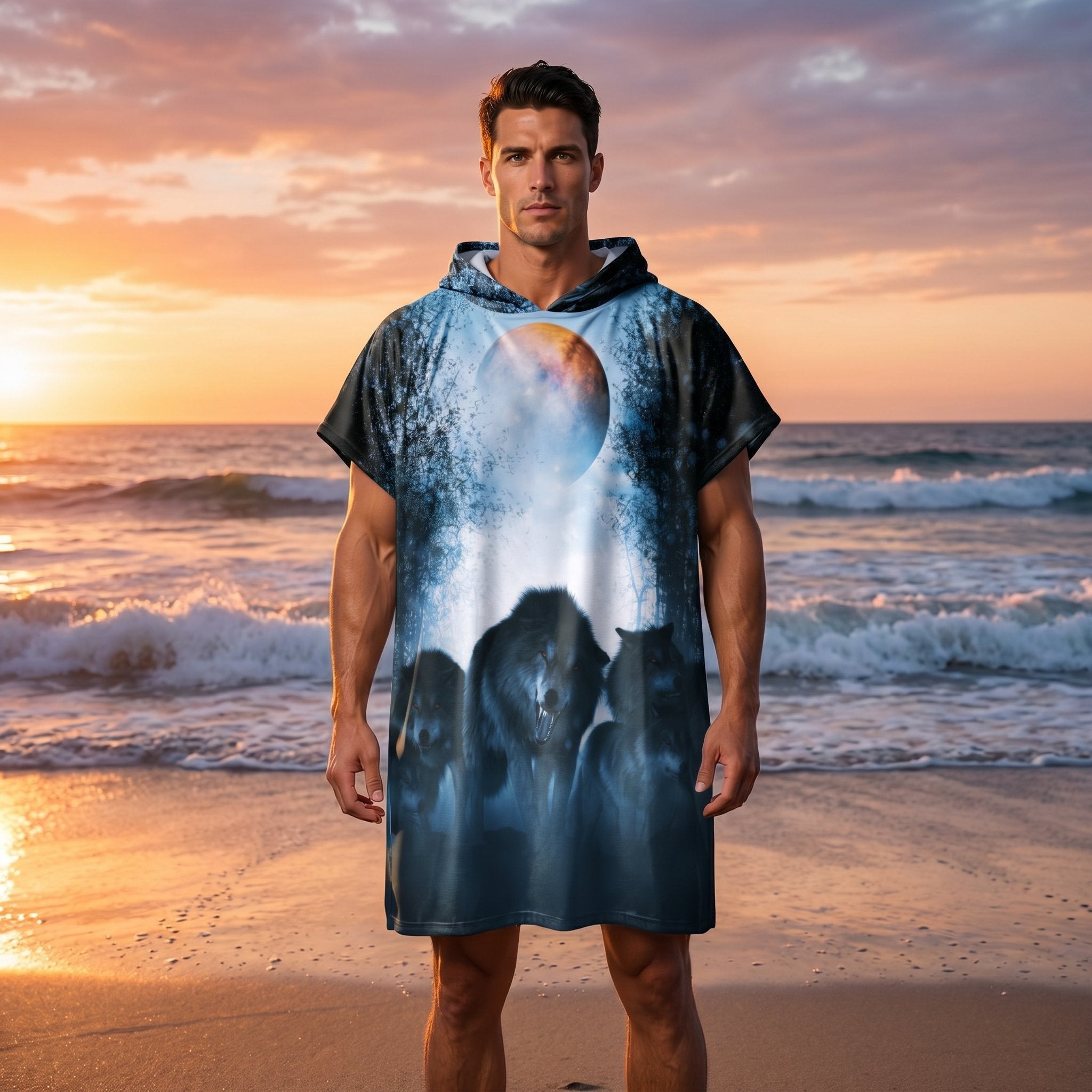 Poncho serviette a capuche motif meute de loups, porté par un homme debout de face sur la plage avec le soleil couchant.
