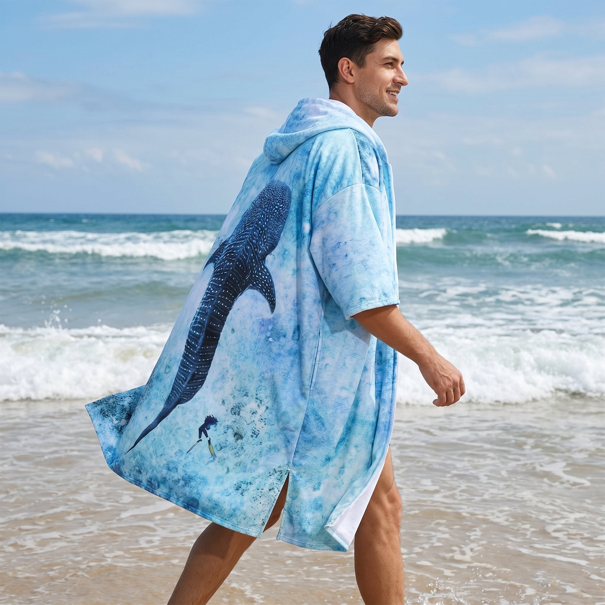 Poncho serviette à capuche motif requin-baleine, porté par un homme marchant sur la plage, montrant le dos du poncho.