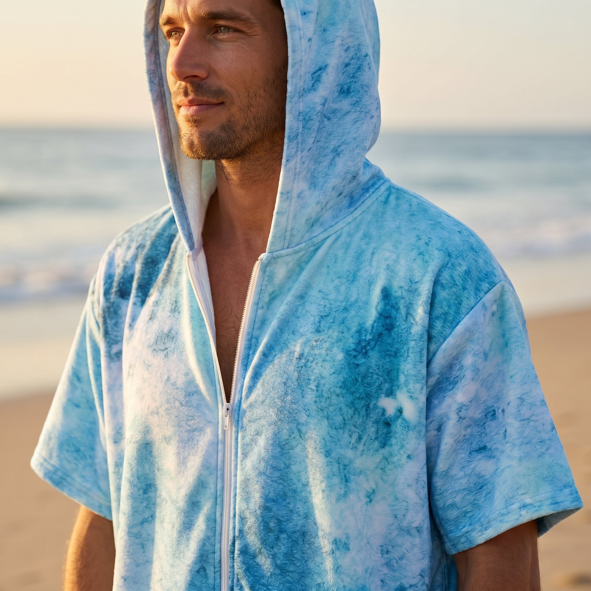 Poncho serviette à capuche motif requin-baleine, gros plan sur le haut du corps d'un homme portant le poncho sur la plage.