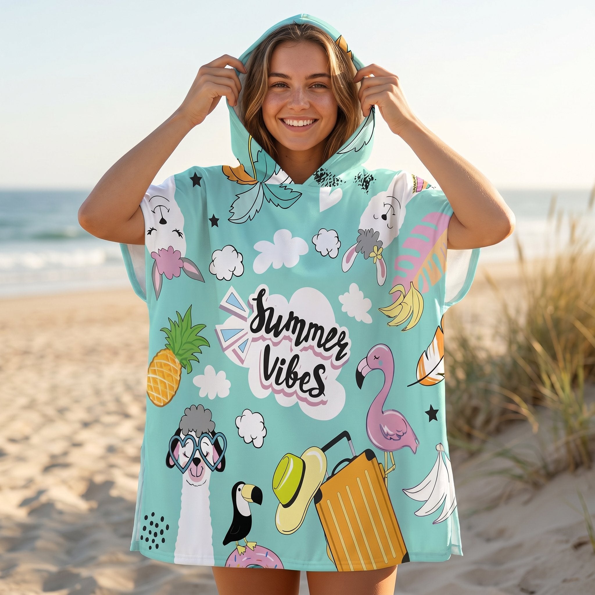 Poncho serviette a capuche motif Stickers d'été, porté par une femme souriante ajustant sa capuche.