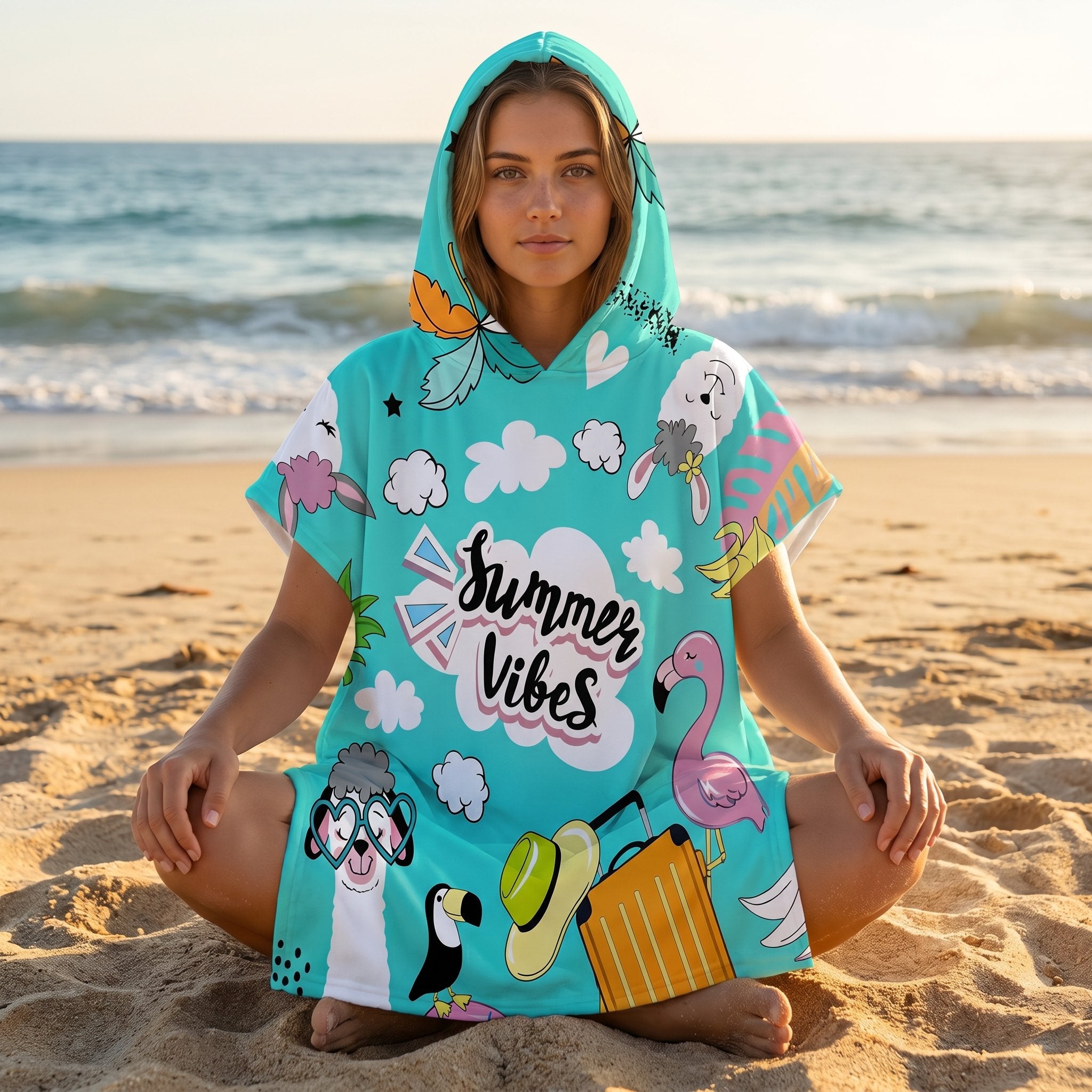 Poncho serviette a capuche motif Stickers d'été, porté par une femme assise en tailleur sur le sable.