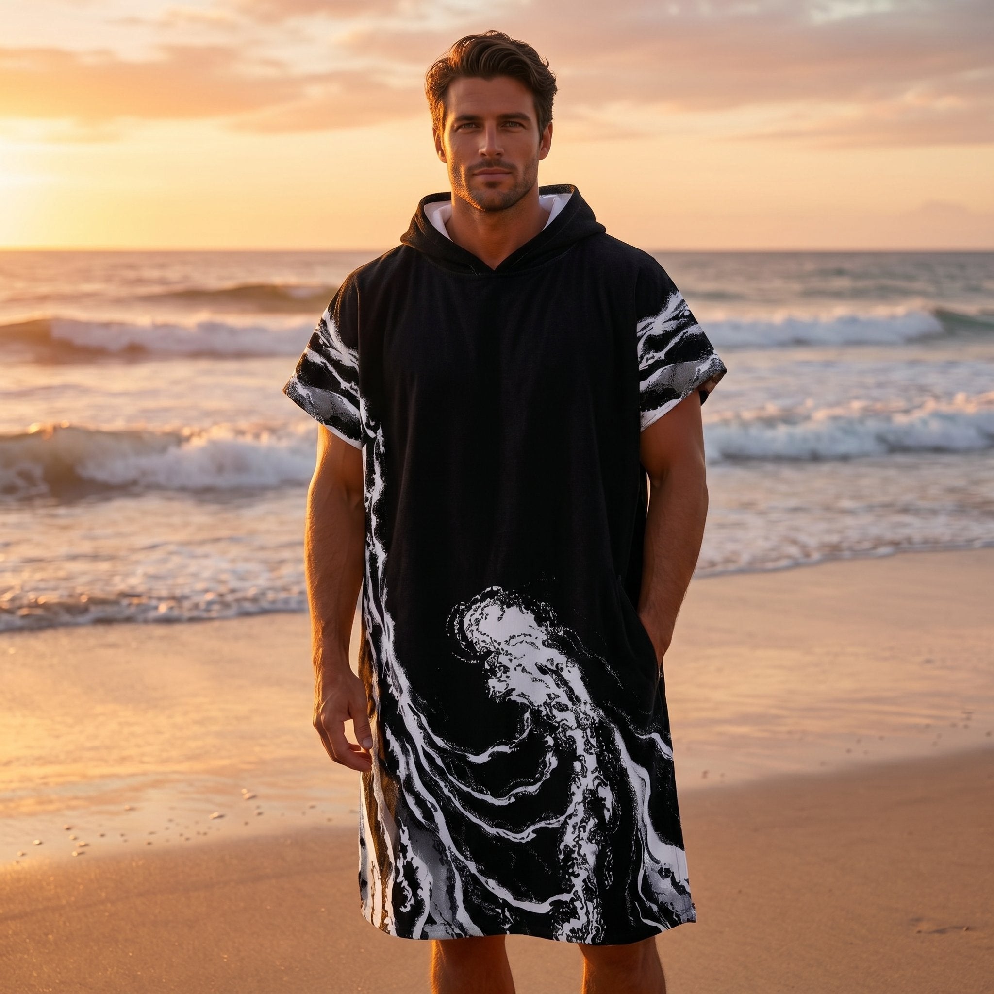 Poncho serviette a capuche motif vague noir et blanc, porté par un homme de face sur la plage.